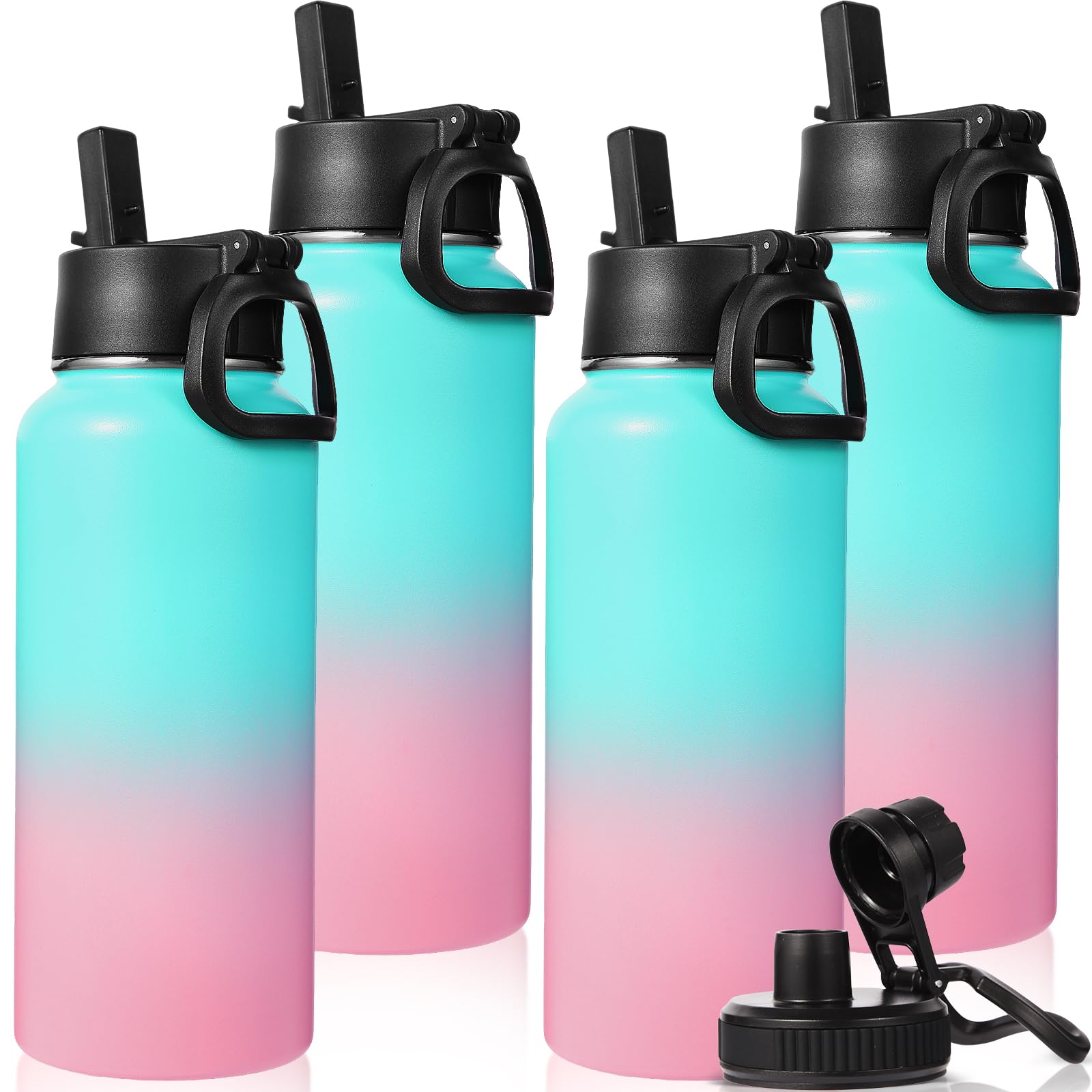 Neihepal Isolierte Wasserflasche, 18/8 Edelstahl, doppelwandig, mit Strohhalm-Deckel und Auslaufdeckel, hält warm und kalt, ideal für Fitnessstudio, Schule, Outdoor, Camping, Sport, Grün, Pink, 4