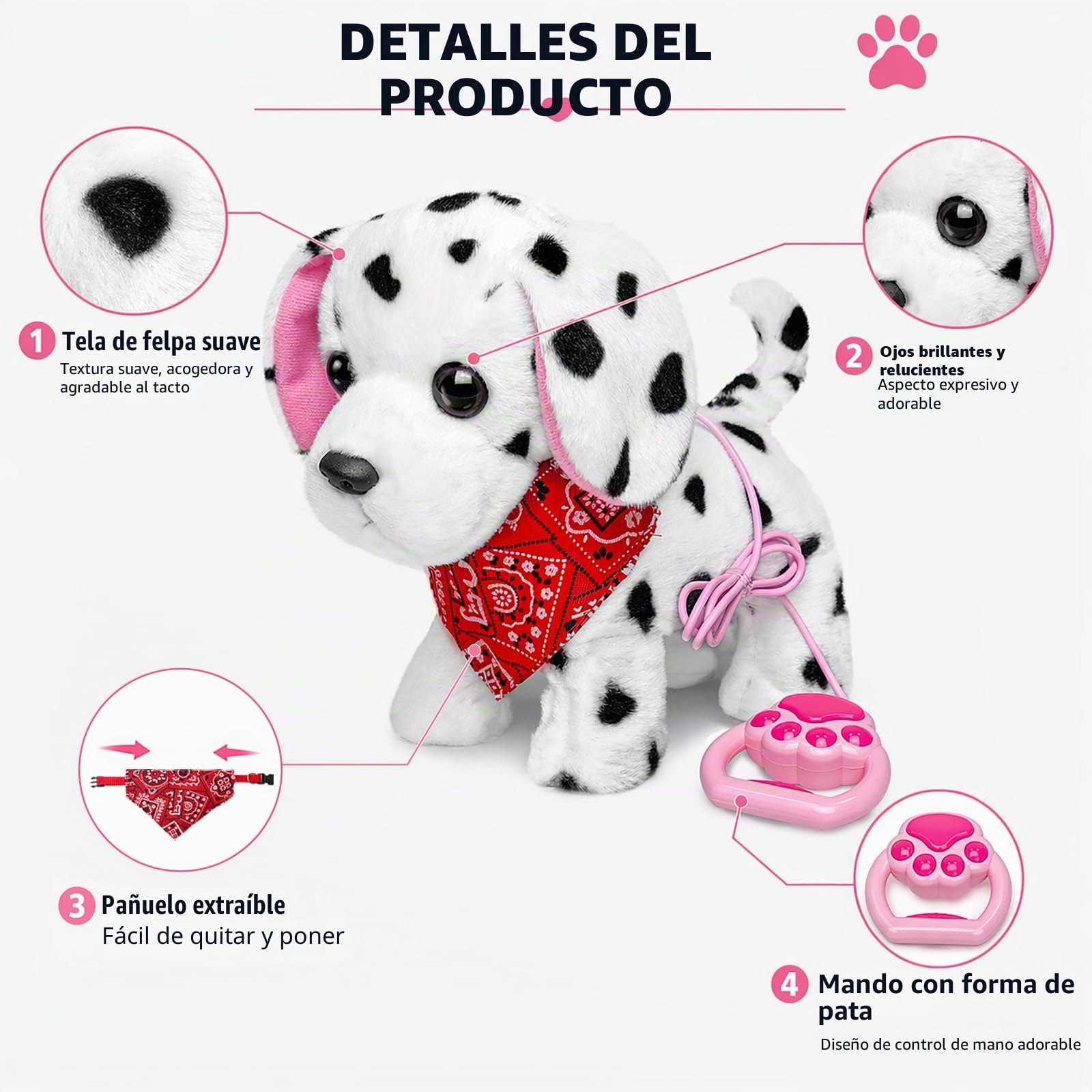 YH YUHUNG Perro Dálmata de Juguete Que Camina y Ladra, Peluche Interactivo con Correa y Pañuelo Rojo, Mascota Electrónica para Niños 3 Años+ (Dálmata)