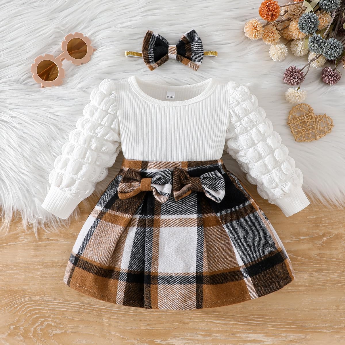 Toddler Baby Girl Plaid Dress Puff Sleeve Bow Patchwork Ribbed Shirts Dress Plaid Fall Winter Outfits with Headband - Image 4