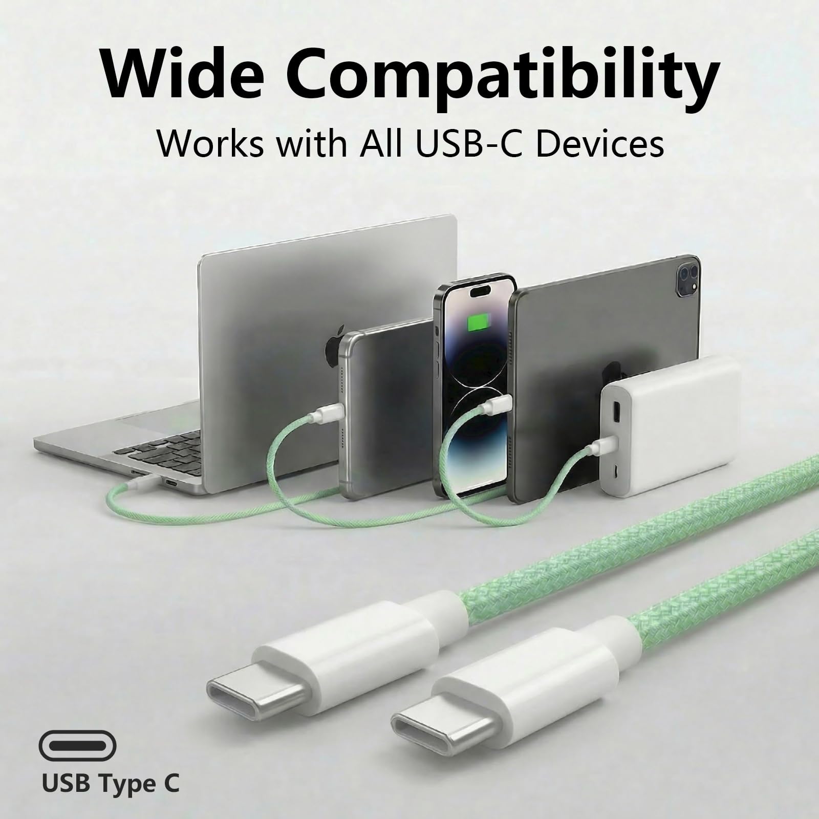 Cable de carga USB C a C, cable trenzado tipo C de carga rápida de 60 W para iPhone 15 Pro Max/MacBook Pro Air/iPad/Samsung Galaxy S24 (verde, 2 x 6.6 pies)