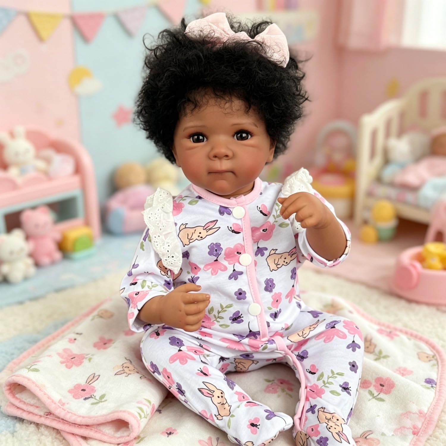 Lonian Pelle Scura Reborn Girl Bambole Silicone Full Body 48cm Silicone Bambino Realistico Neonato Caratteristiche con Capelli Radicati a Mano (Fiocco rosa)
