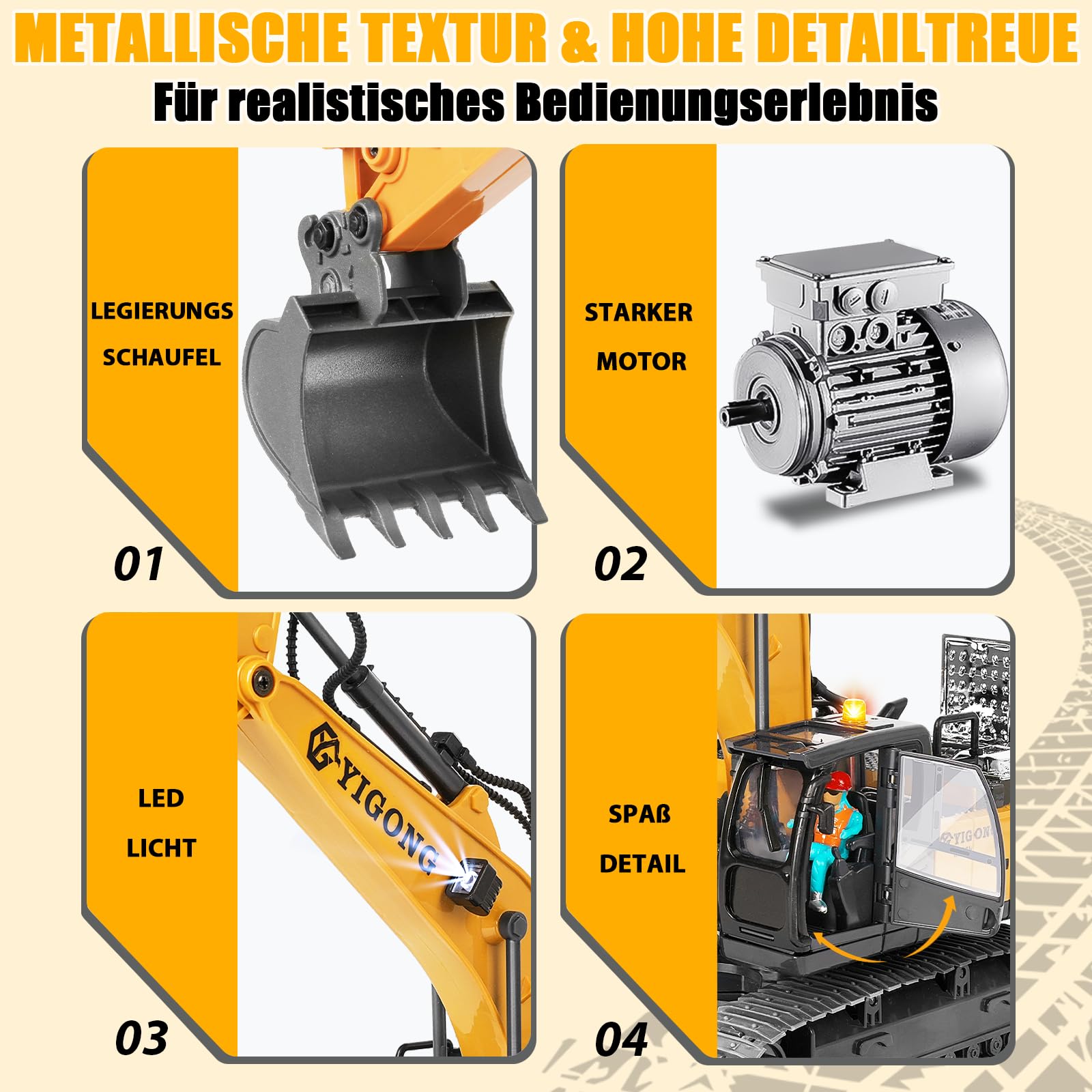 Ferngesteuertes Bagger Spielzeug für Kinder ab 4 5 6 7 8 9 Jahre, 2,4 GHz Schwerkraft Gesteuerte Bagger Ferngesteuert mit Licht und Sound, 11 CH RC Spielzeugautos Geschenk für Junge 5-12 Jahre Alt