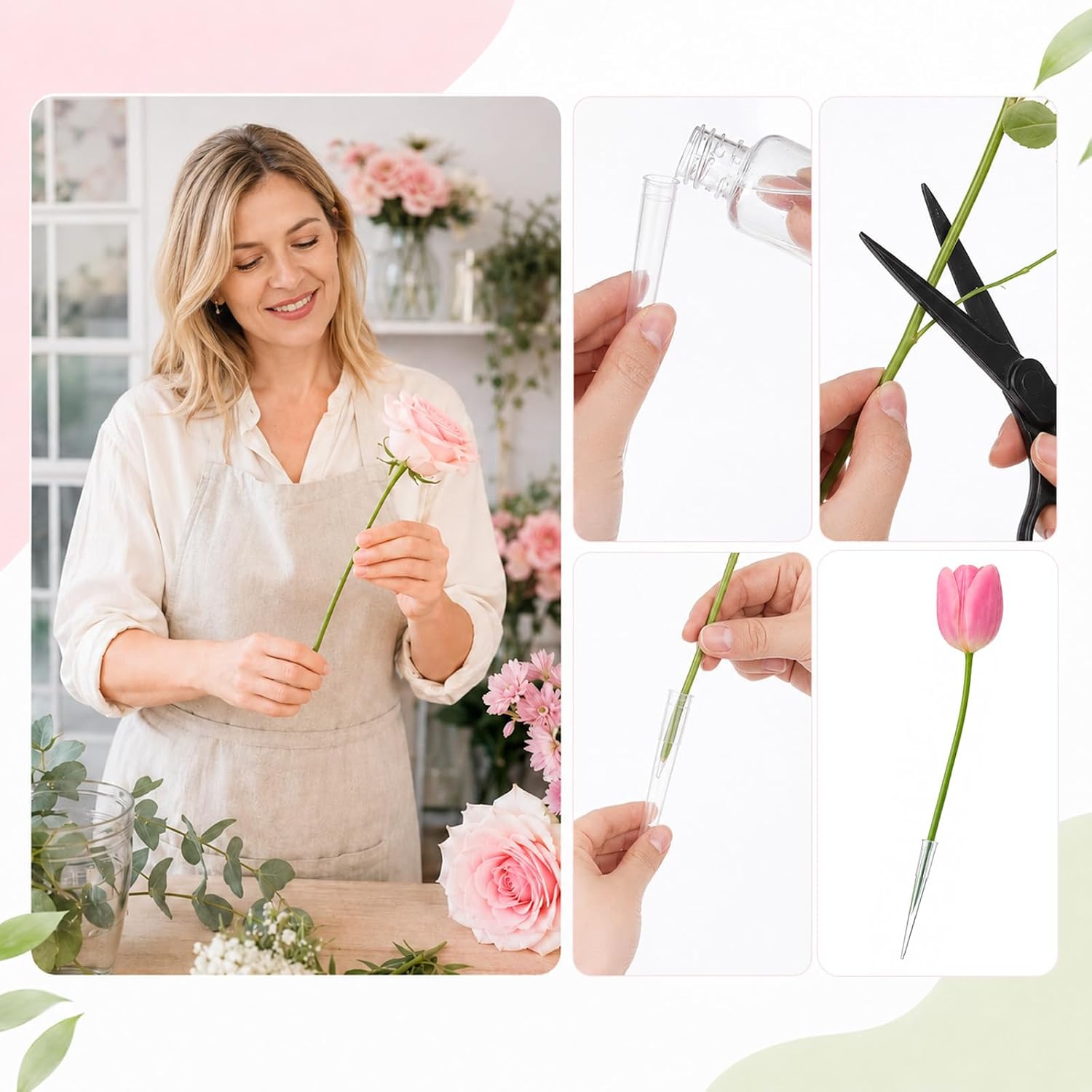 60 Pcs Plastic Flower Stems Tube Holder 3 Sizes Clear Flower Posy Picks Pointed End Floral Tubes Flowers Bouquet Accessories for DIY Cake Decoration Flowers Arrangement Crafts