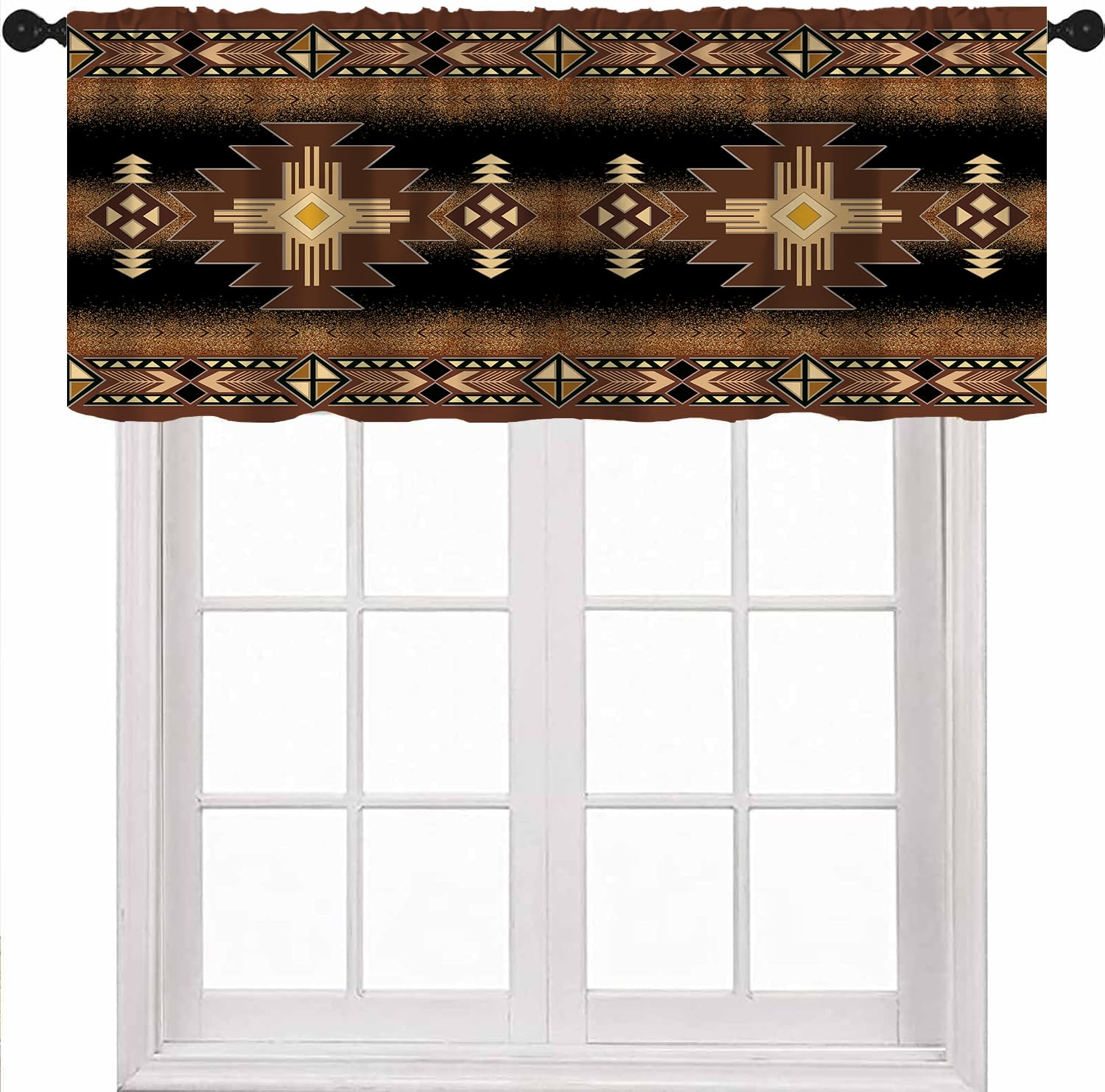 TYVGICZ Aztec Valance Curtains, Brown Black Yellow Vintage Southwest Ethnic Geometric Triditional Drapes for Kitchen Party Garden Farmhouse Bedroom Living Room Home, 54x18 Inch