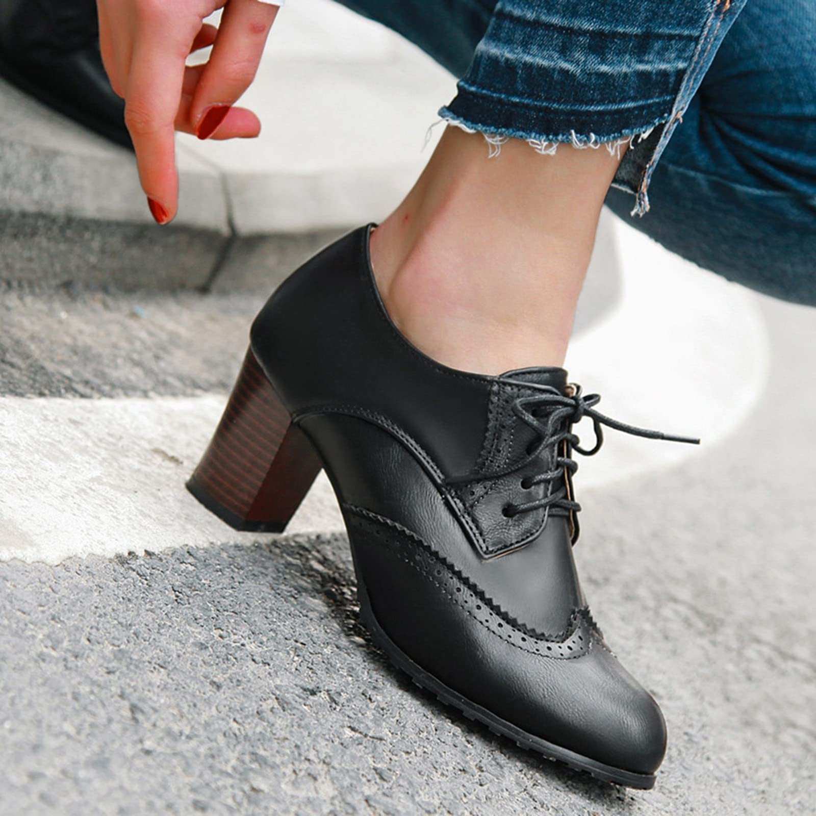 Stivaletti da donna Commercio Estero Grandi Scarpe in Pelle Alla Moda Confortevole Punta Rotonda Tacco Quadrato Stringa Spessa
