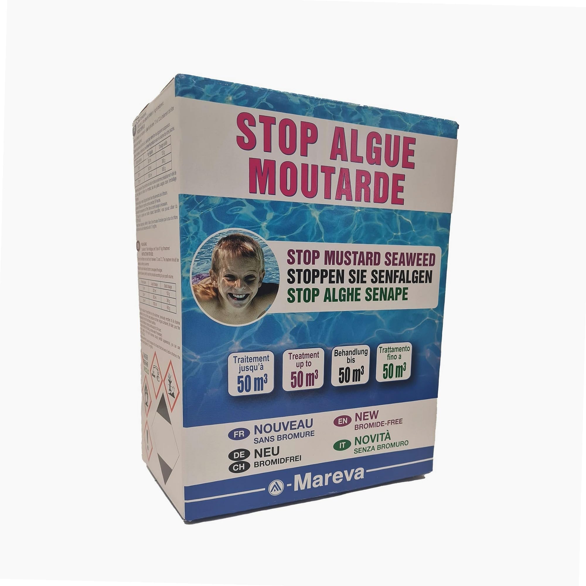 MAREVA - Traitement Anti-algues Moutarde – Élimine Rapidement Les algues Moutarde résistantes – Compatible Tous revêtements – Bouteille Pratique – 1 L Jaune