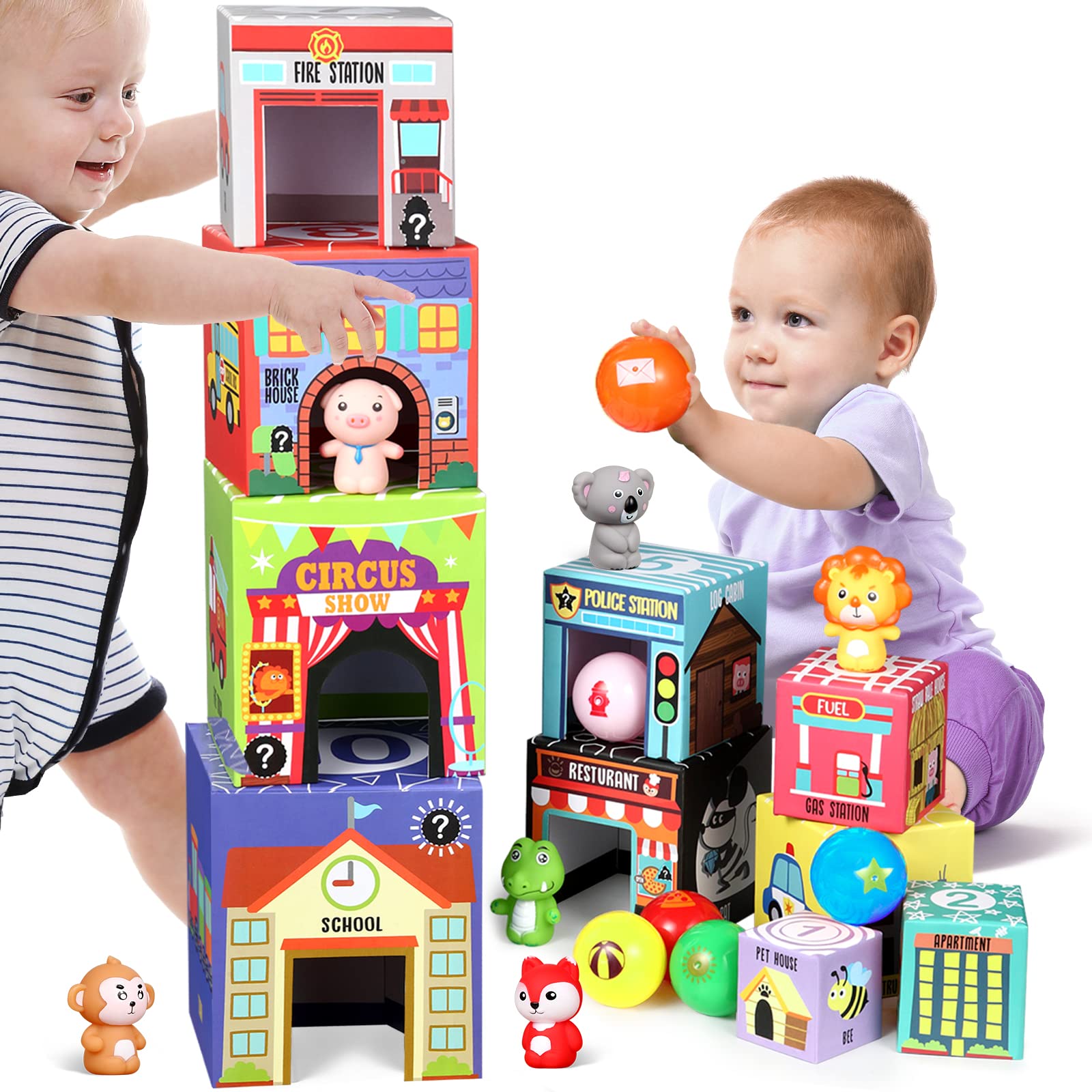 Sorting and Stacking Toys Blocks - 10 Pieces of Story Theme Number Nesting Boxes with Animal Finger Puppets Squishy Toys & Balls, Stacking Toys for Toddlers 1-3, Montessori Toys for 3-7