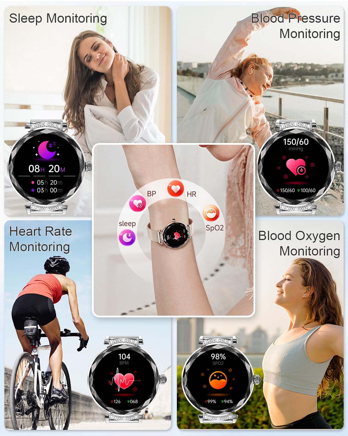 Fitonme 1.19" Smartwatch Donna,Telefonate Bluetooth Smartwatch,Monitoraggio SpO2/Sonno/Pressione Sanguigna/Frequenza Cardiaca,Resistenza all'Acqua 5ATM IP68,iOS Android Smart Watch-Argento