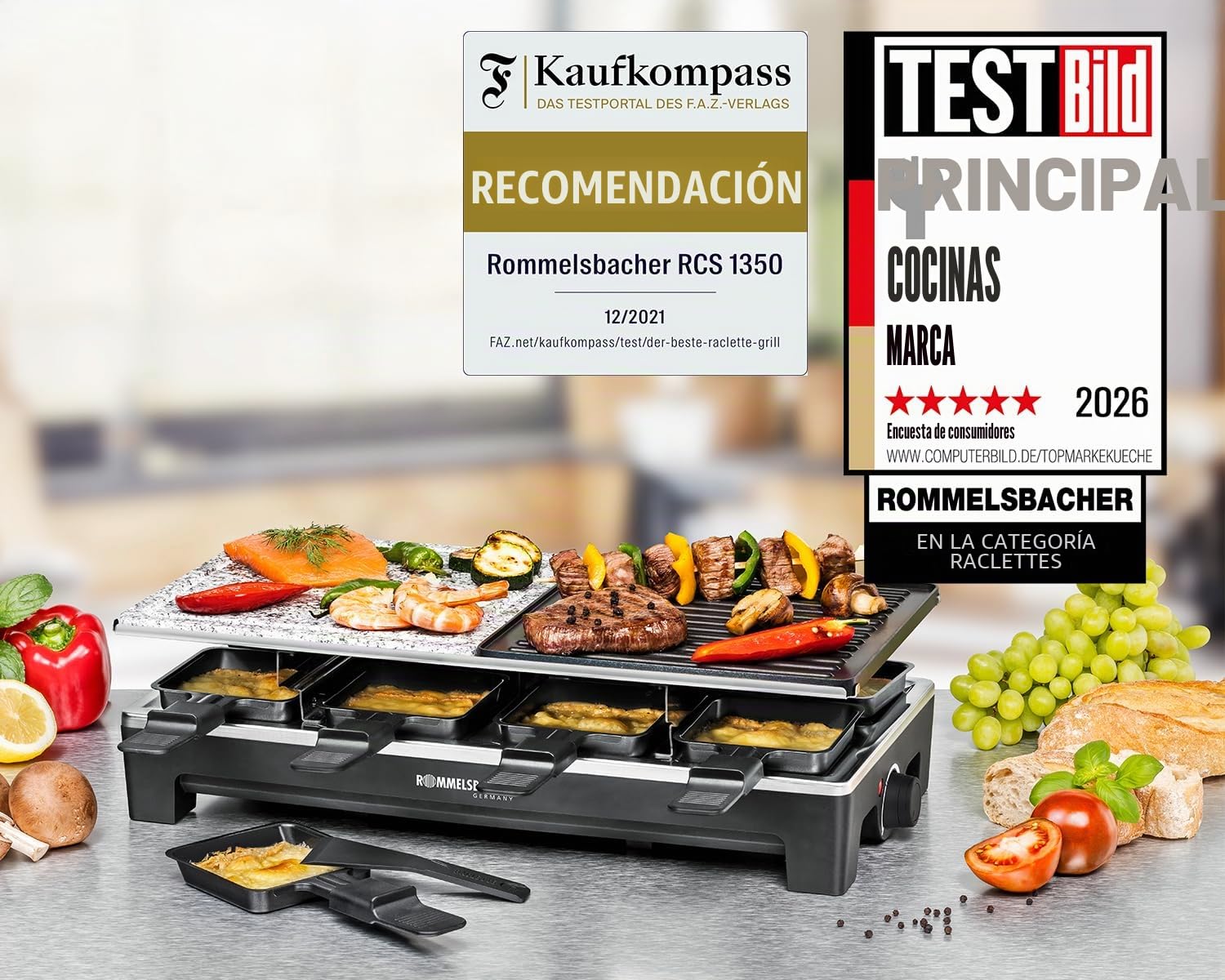ROMMELSBACHER Raclette Grill RCS – 2 parrillas reversibles, 1 plancha de piedra, 8 sartenes, 8 rascadores, revestimiento antiadherente Xylan Plus, control de temperatura continuo, 1350 W, negro/acero