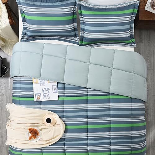 Miniatura 4 de Basic Beyond Juego de edredón de tamaño King, juego de edredón a rayas verdes y grises, tamaño King, edredón de cama alternativo ligero de plumón