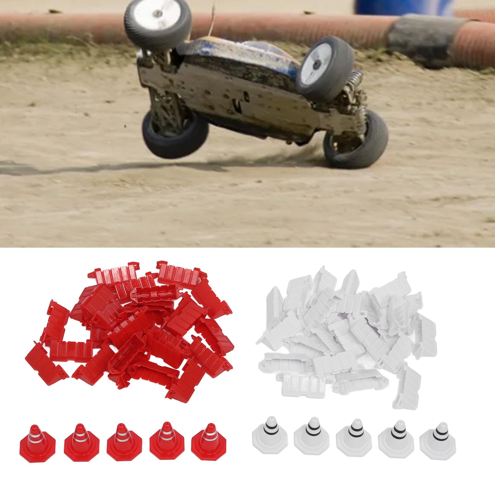 Pack De 50 Barreras De Carretera Para Coches RC – Vallas De Plástico Rojas Y Blancas Para Circuitos De Carreras – Compatibles Con Coches 1:18