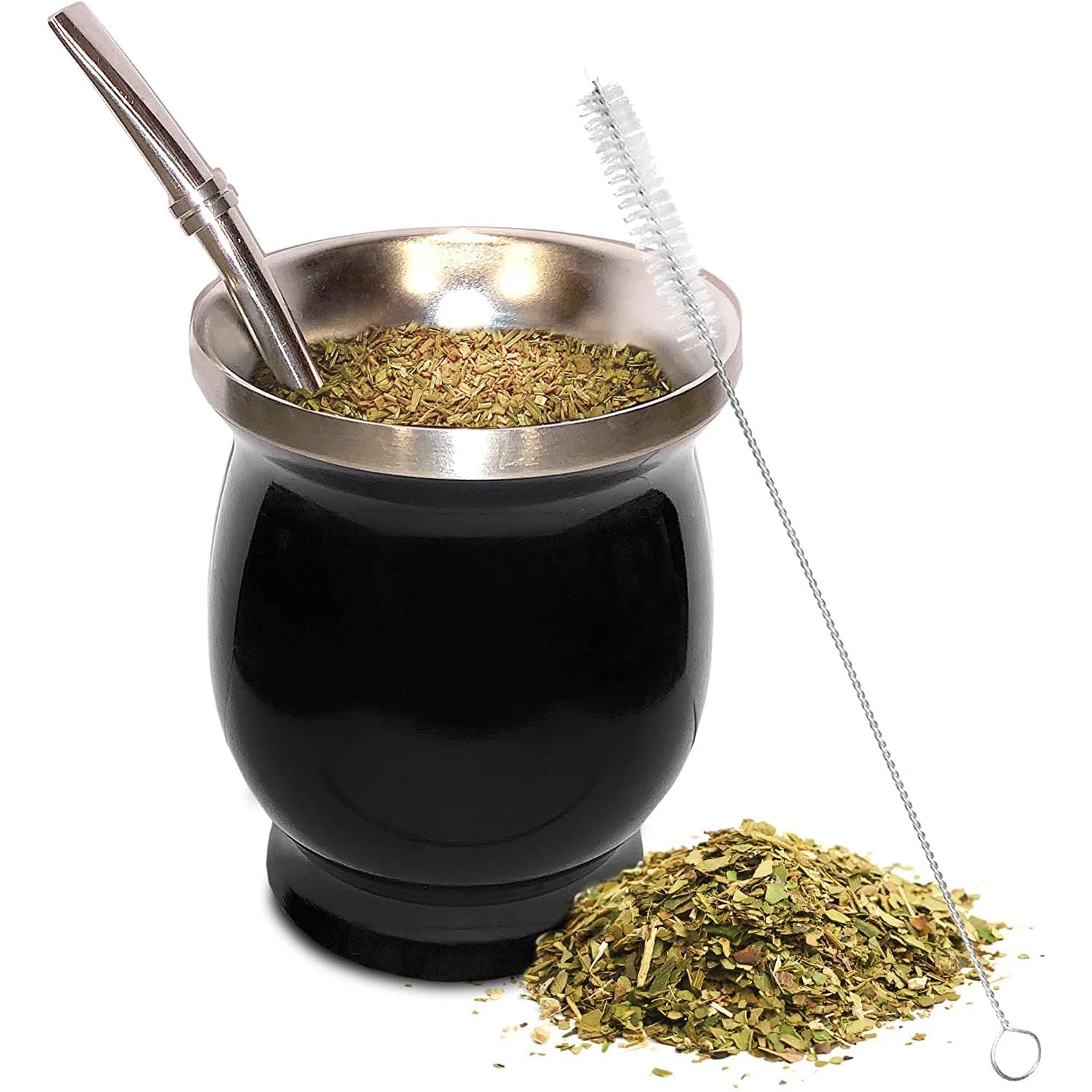PIQIUQIU tazze da tè Yerba Mate in acciaio inox, 230 ml, a doppia parete, senza BPA, con cannucce e spazzola per la pulizia (nero)