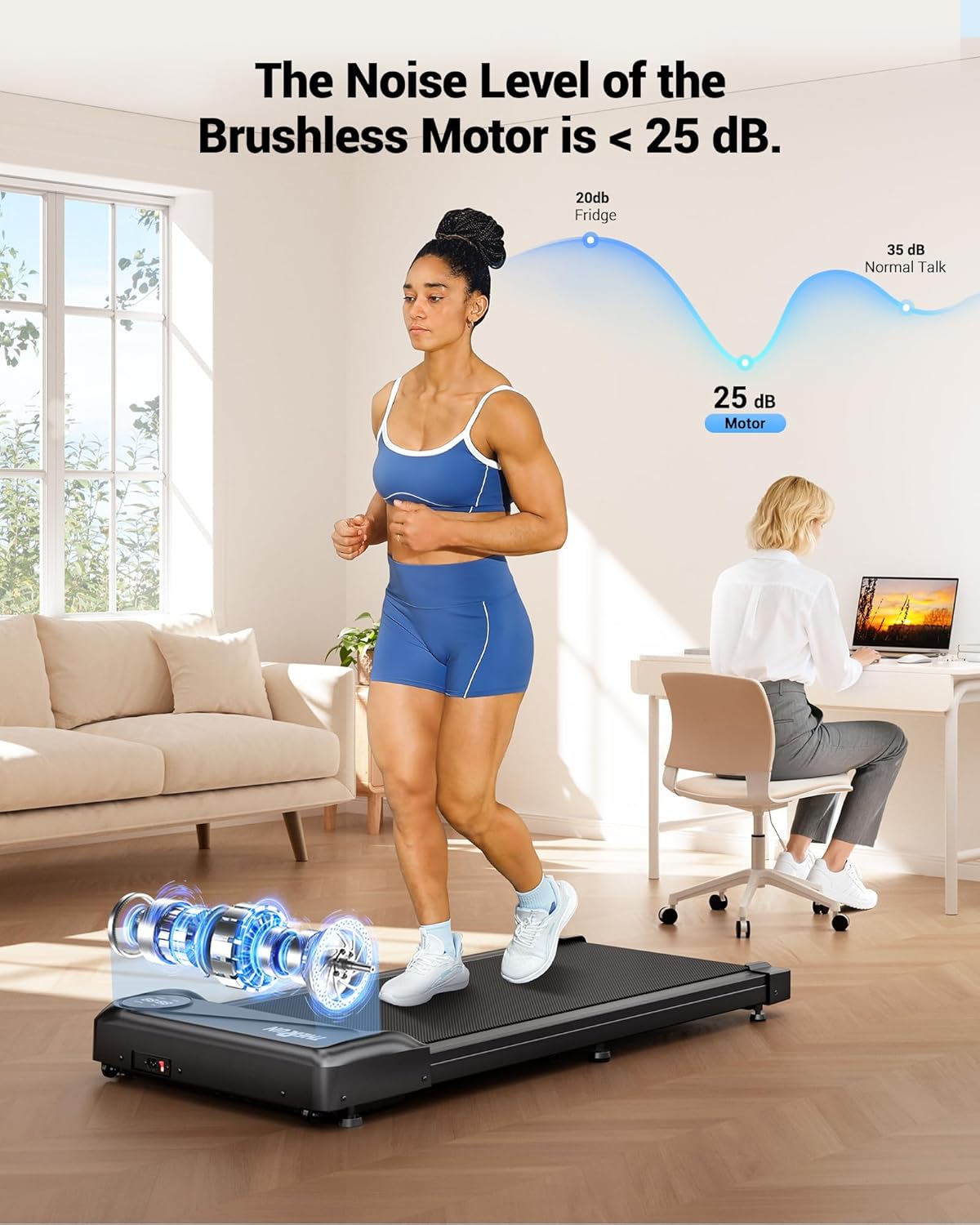 Diagram showing the quiet operation of the THERUN W2 Mute Walking Pad Treadmill's brushless motor, rated at less than 25 dB.
