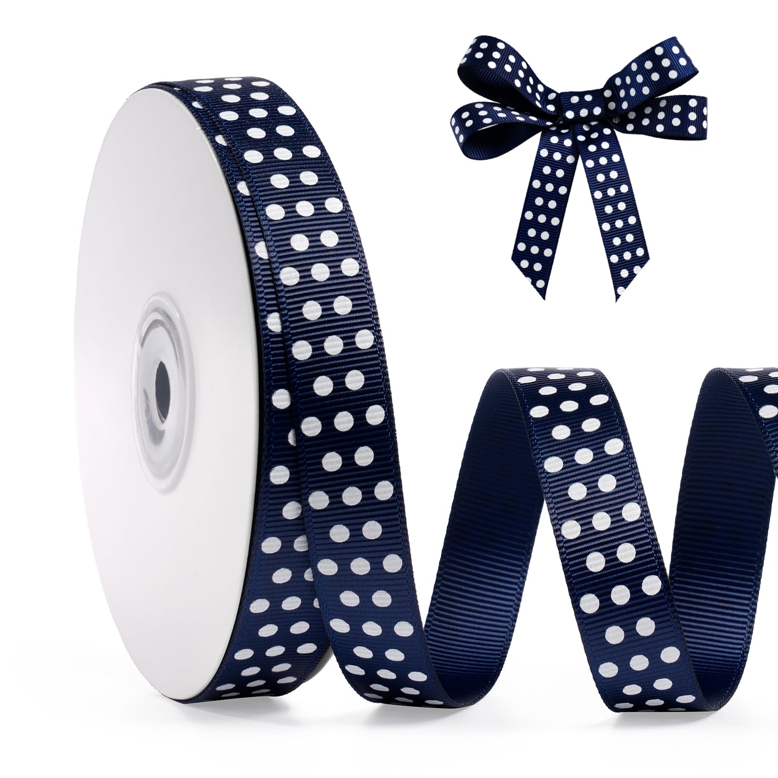 FAKILO Polka Dot Grosgrain Ribbon 5/8 Inch, 25 Yards Spool Navy Blue and White Dot Craft Ribbon for Christmas Gift Wrapping DIY Crafts Hair Bows