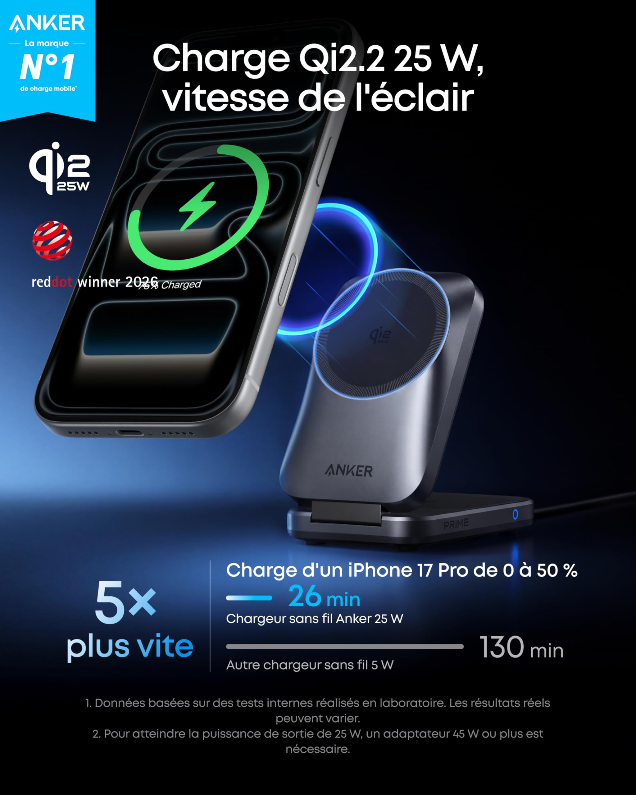 Anker Prime Chargeur MagSafe 3 en 1 Rapide 25W, Station de Charge sans Fil Certifié Qi2.2, Pliable pour iPhone 17/16/15, Apple Watch, AirPods (sans Batterie, Adaptateur Inclus) | Compatible avec MagSafe, chargeur pliable, certifié Qi2.2 de 25 W, pour iPho
