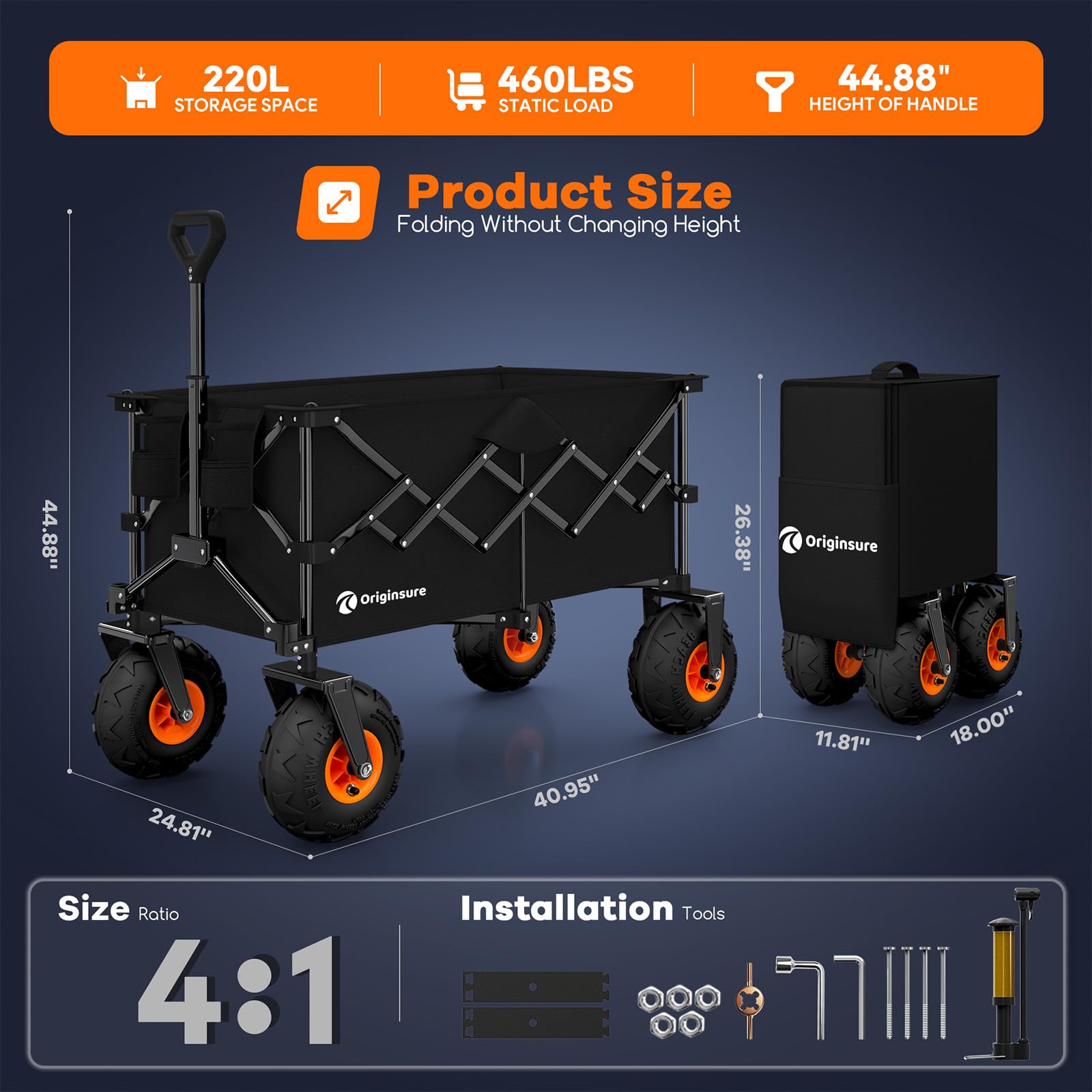 Carrello da spiaggia pieghevole, lungo 96,5 cm, con grandi ruote per palloncini da 25,4 cm per sabbia, capacità di carico 220 l, robusto, pieghevole, con pneumatici