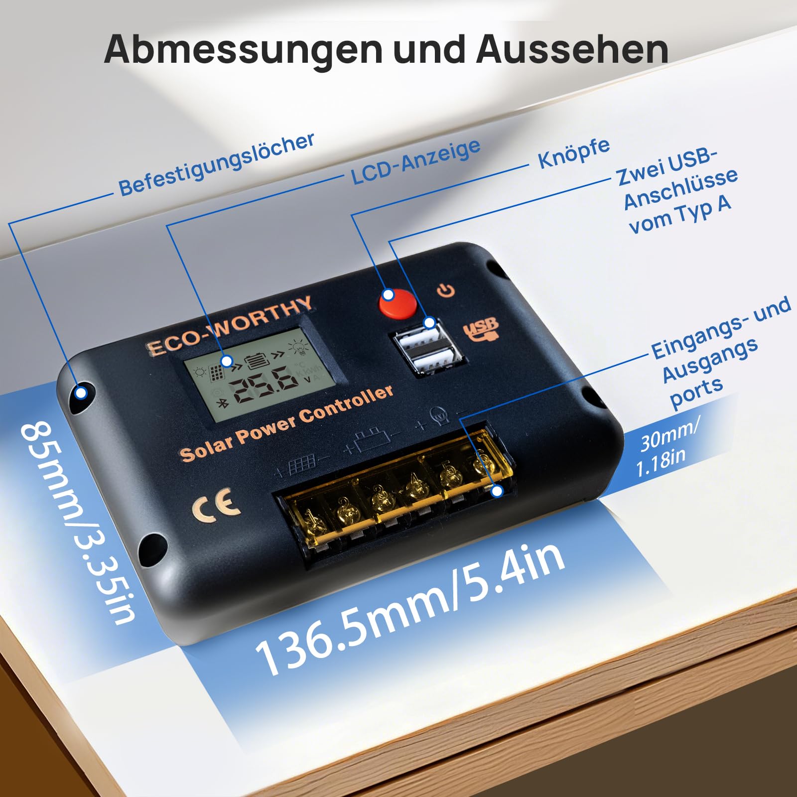 ECO-WORTHY 30A laderegler solar 12v /24v PWM mit Bluetooth & APP Überwachung, Intelligenter Batterie Controller für Solarpanel mit 2 USB-Anschlüssen für AGM/LiFePO4/GEL im Wohnmobil Solar System