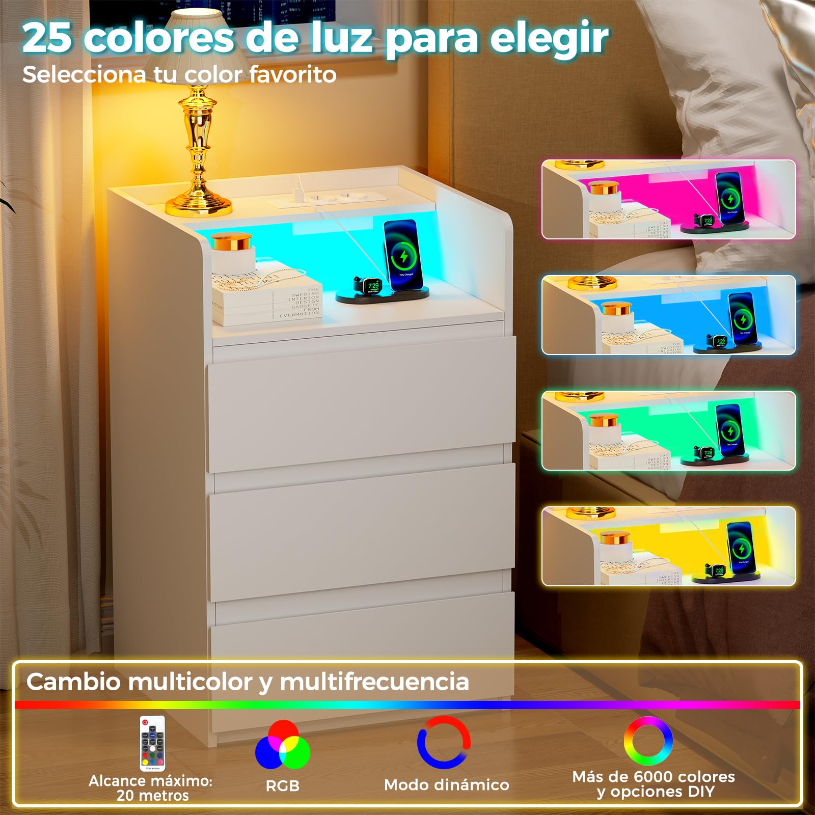 ANWBROAD Mesita de Noche con Enchufes Integrados,Mesilla de Noche con Tira de Luces LED,3 Cajones 1 Compartimento,Mesita de Noche Moderna para Dormitorios Salones (2, Blanco) BNS014W