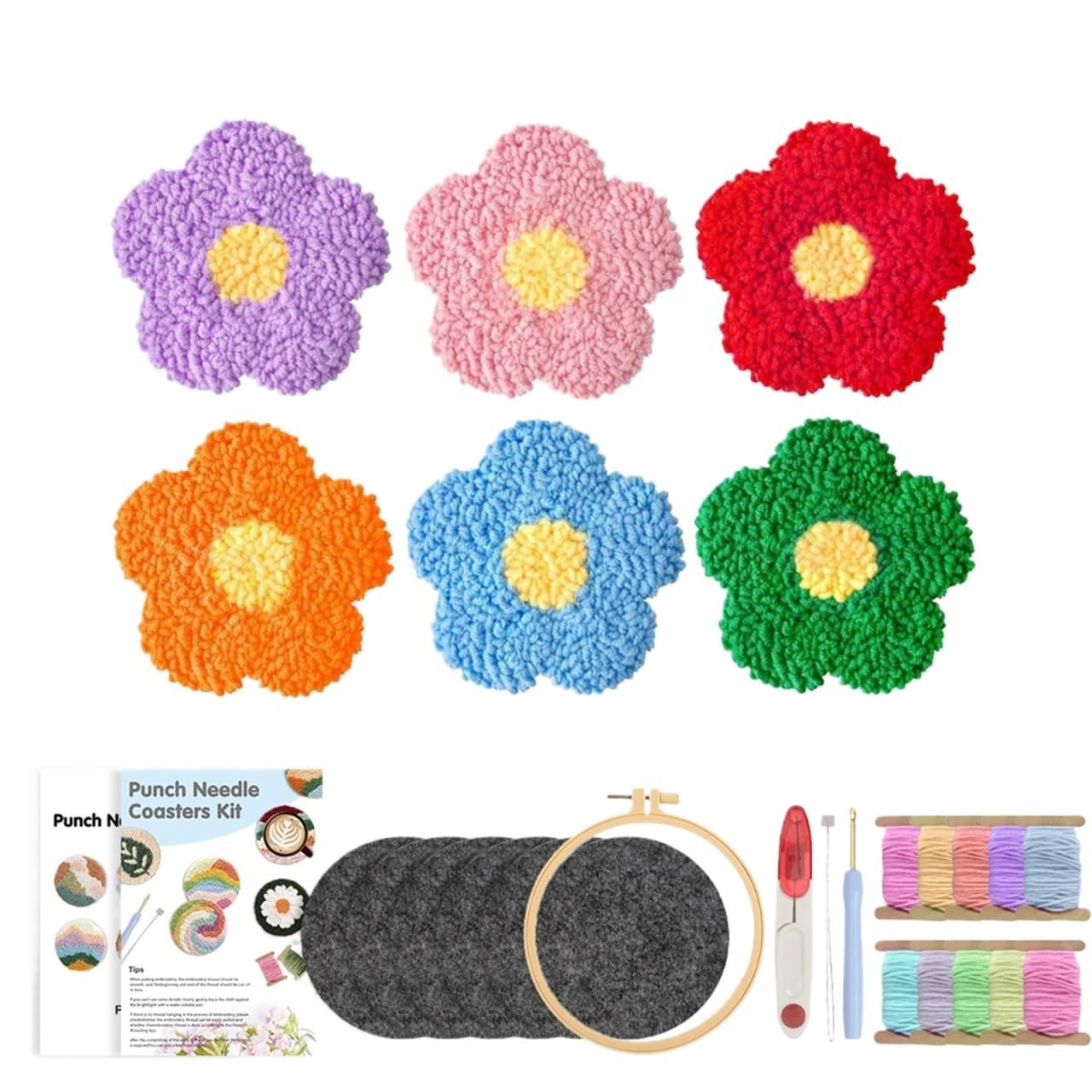 1set 6pcs/Set DIY Punch Needle With Coasters Kit Complete Embroidery Starter Set For Beginners for DIY(Color7)