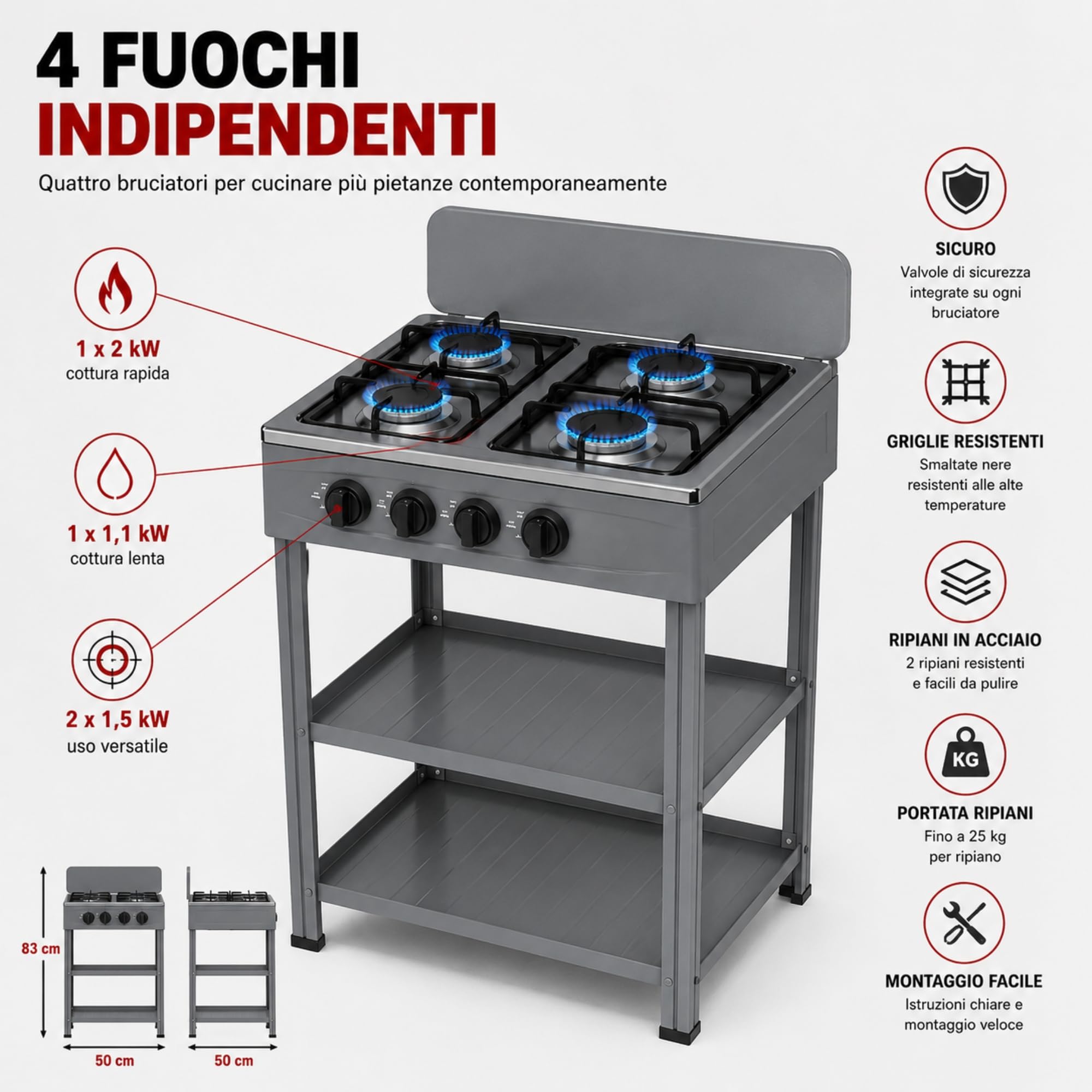 Fornello a Gas 4 Fuochi con Mobile e 2 Ripiani Acciaio, Cucina Compatta in Alluminio con Controllo Fiamma, Piano Cottura 82x49x49 cm per Interno ed Esterno, Grigio