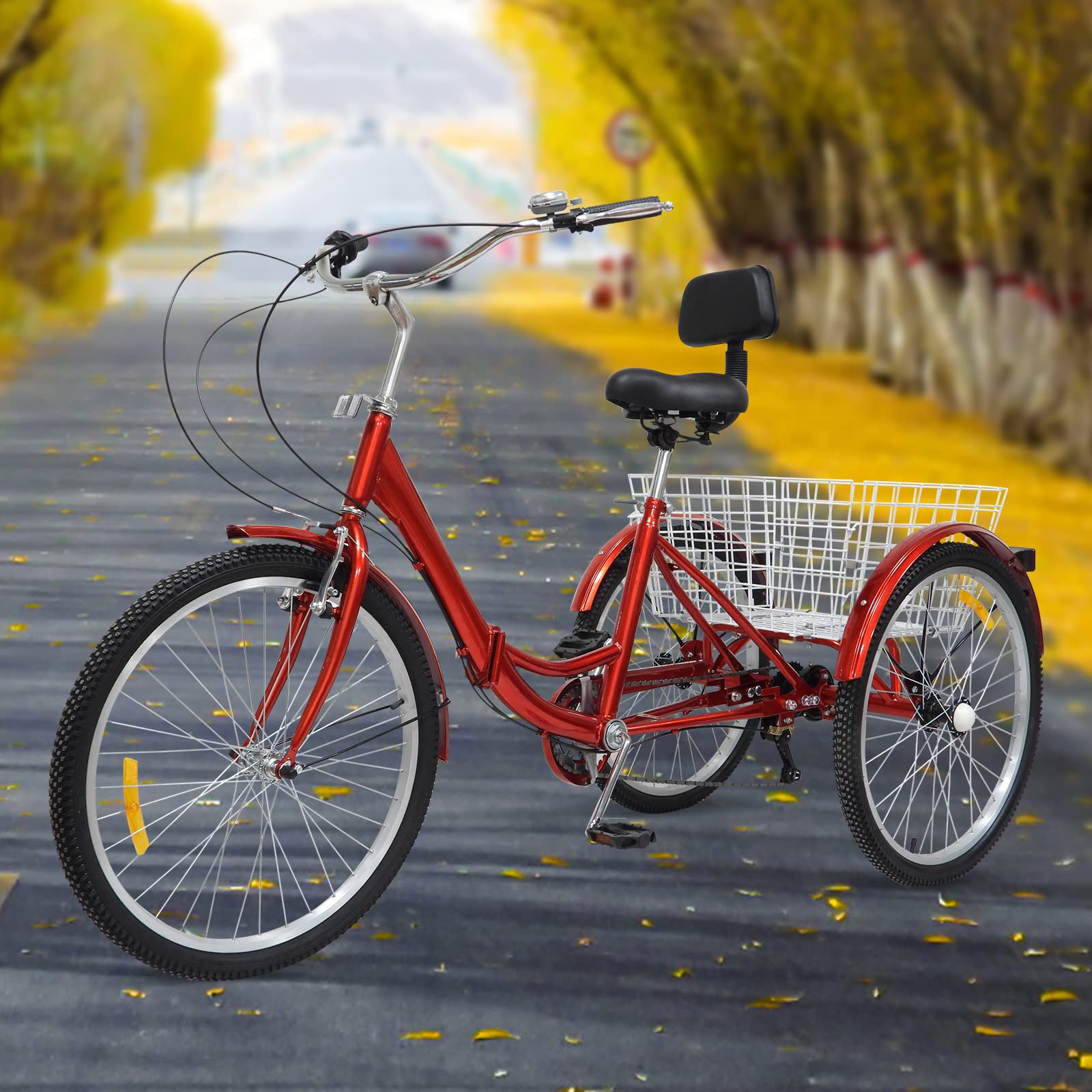 価格変更! 24インチ 3輪自転車 7段変速ギア 後カゴ付き 黄色