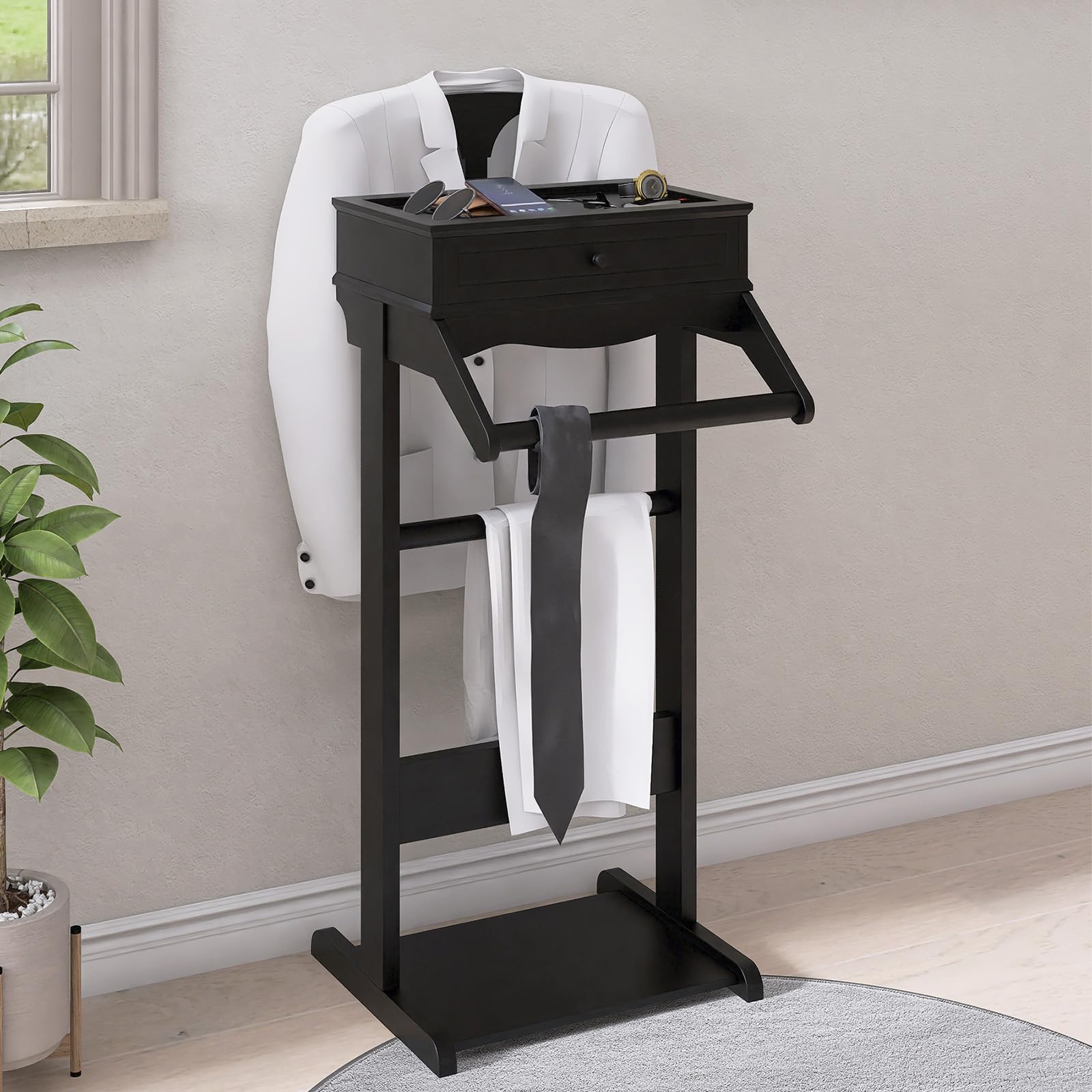 Anwick Wooden Valet Stand with Drawer & Tray, Clothing Rack with Storage Shelves, Modern Standing Hanger, Display Free Standing for Entryway, Bedroom, Office