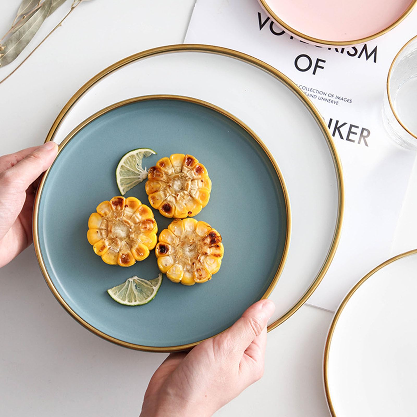 Platos para Comida,Soporte de cerámica Tartas con Cubierta cúpula Cristal,Plato Decorativo Azul postres,Ideal Bodas,Fiestas cumpleaños.