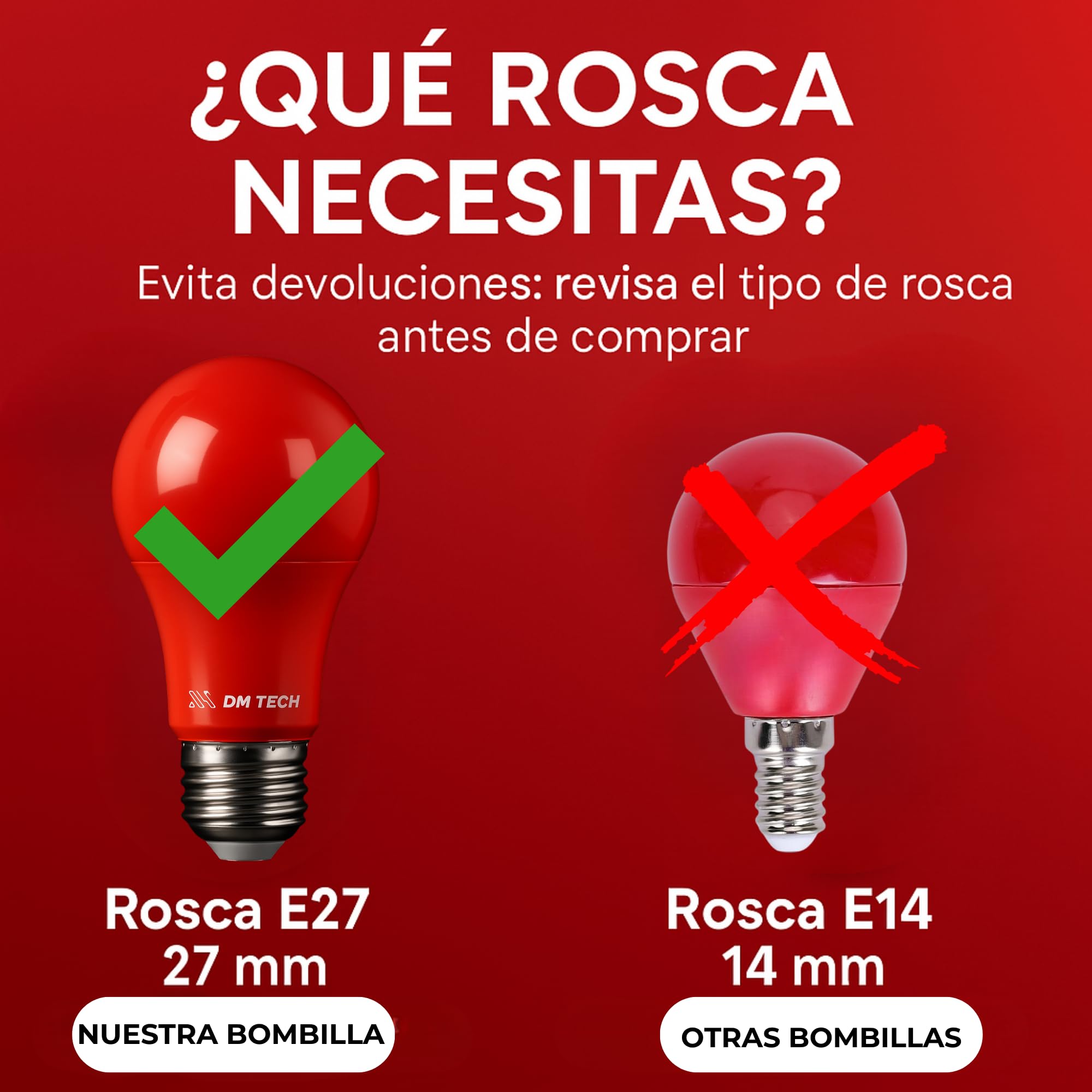 DM TECH PACK 2 Luz Roja Nocturna Melatonina E27 - Bombilla Terapia Roja para Dormir - 0% Luz Azul + Rosca Estándar + Mejora del Ritmo de Descanso
