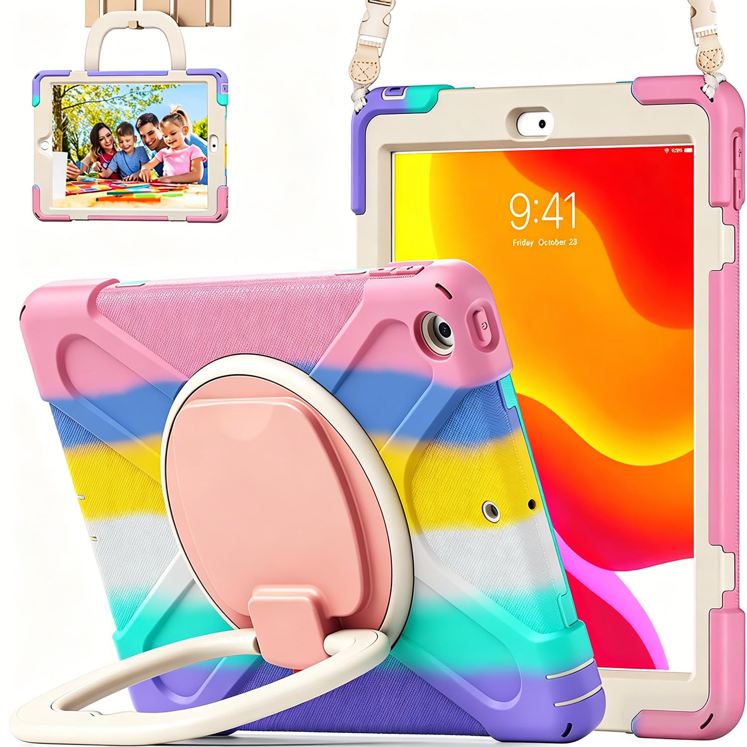 LX-SUNCX for iPad 10.2 Case 9th Generation 2021 / 8th Gen 2020 / 7th 2019,Shockproof Kids Case with Screen Protector,Rotating Stand/Pencil Holder/