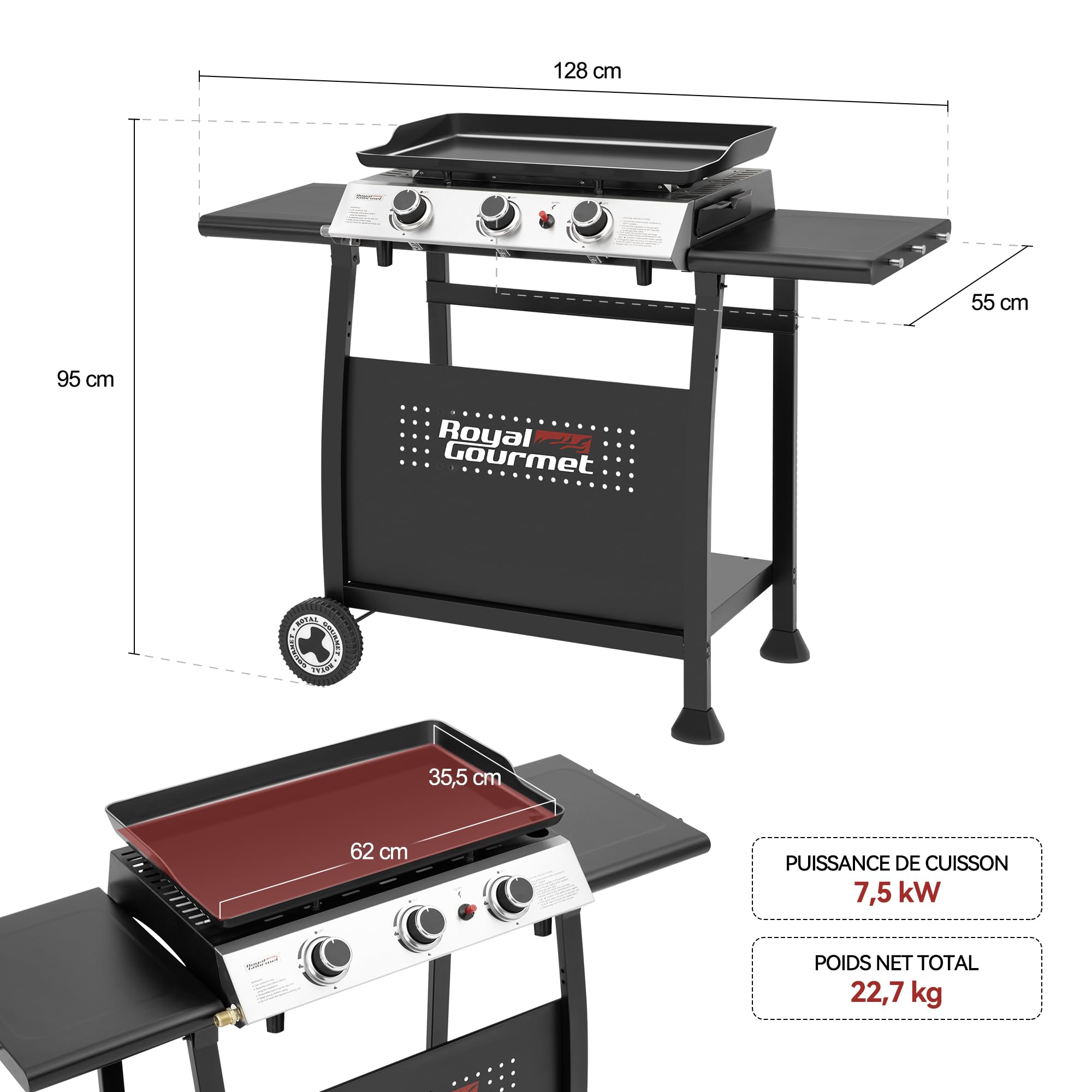 Royal Gourmet Plancha Gaz sur Chariot, 3 Brûleurs Puissance 7.5 kW, Plaque Amovible de Surface Cuisson 62,0 x 35,5 cm, Avec 2 Tablettes et 2 Roues, Portable pour Jardin et l' Extérieur, Noir