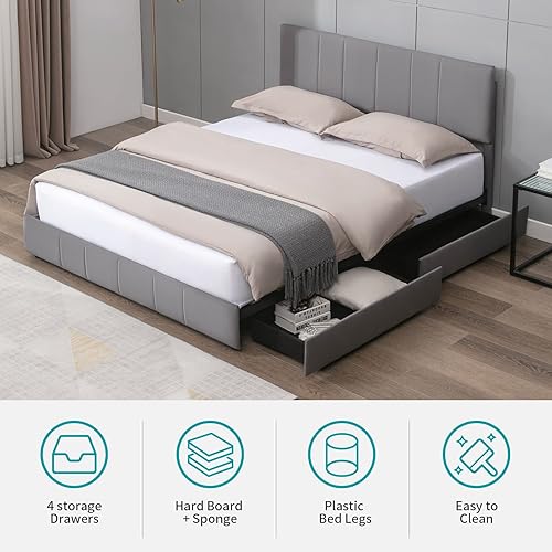 Miniatura 7 de BALUS Base de cama de tamaño matrimonial con 4 cajones de almacenamiento, base de cama tapizada con cabecera para colchones de 6 a 12 pulgadas, no