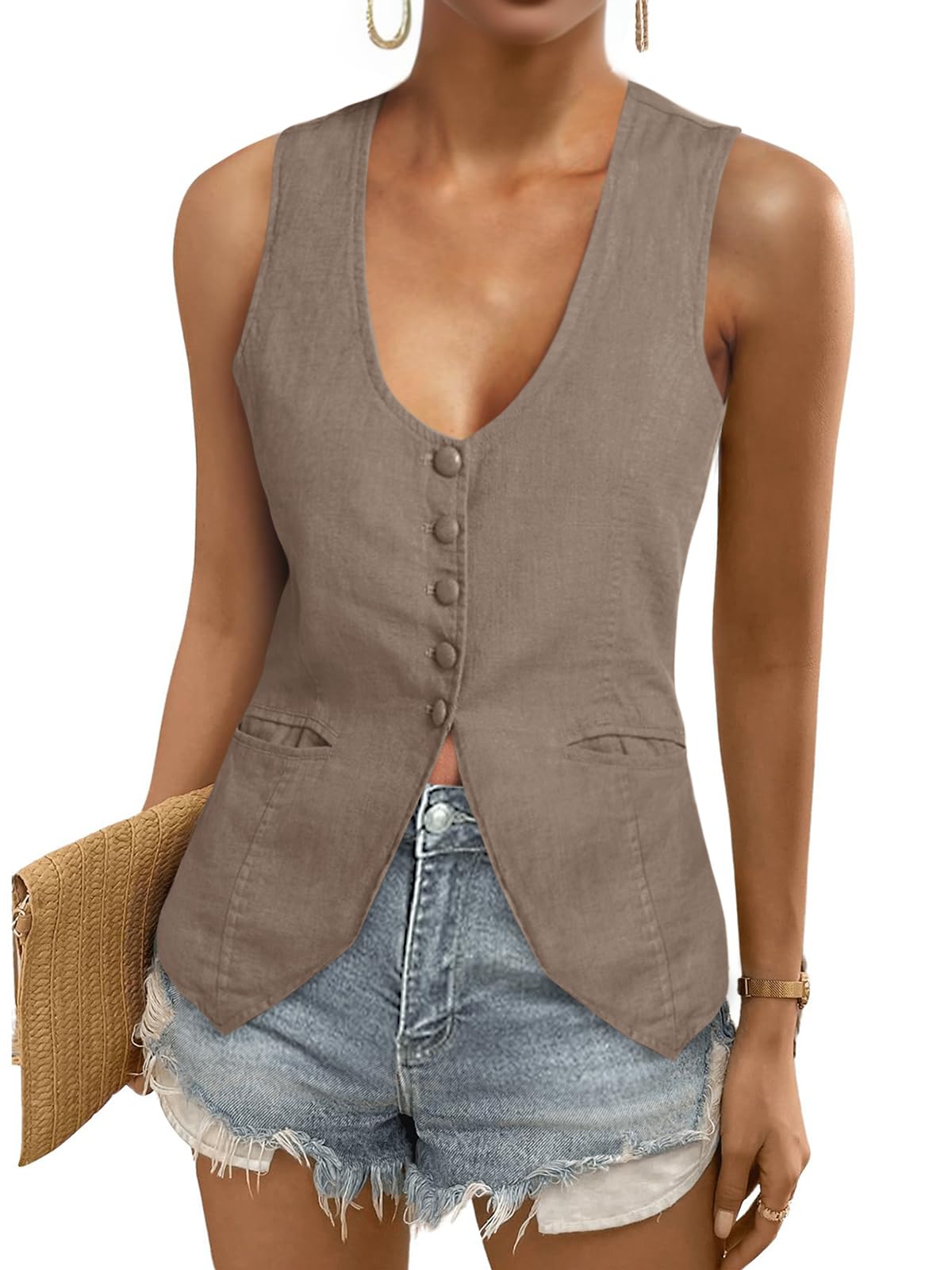Womens Scoop Neck Blazer Vest Summer Linen Sleeveless Fitted Waistcoat Work Casual Cotton Suit Tops-image-40