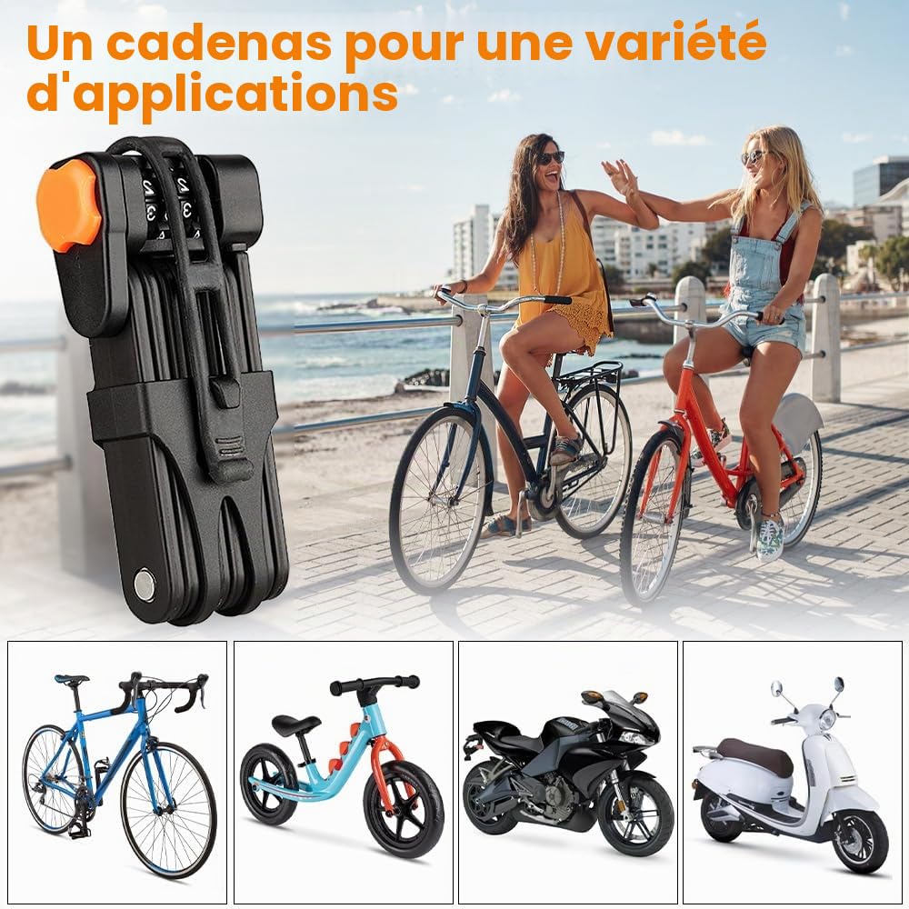 mizikuu Antivol De Vélo Pliable, Serrure de Vélo Portable en Acier Trempé Avec Support Haute Sécurité Antirouille et Antivol Serrure à Combinaison Longueur 85 cm pour Bicyclette, Scooters, Moto, Noir