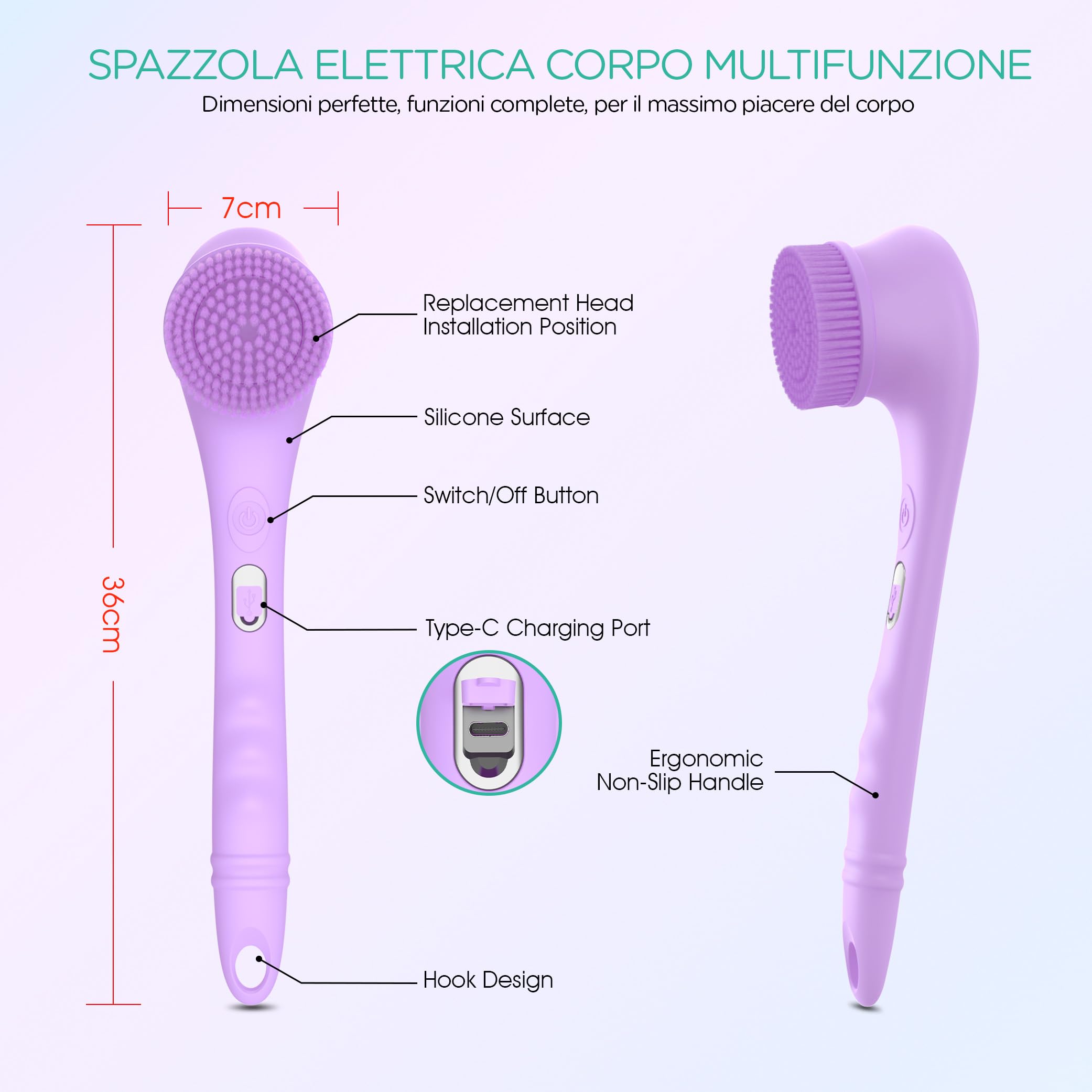 VOYOR 4-IN-1 Spazzola Schiena Doccia Spazzola Corpo Elettrica Spugna Doccia Silicone Con Manico Lungo IPX6 Impermeabile 4 Accessori Per Spazzola Esfoliante 2 Ingranaggi Spazzola Doccia BC300 (Viola)