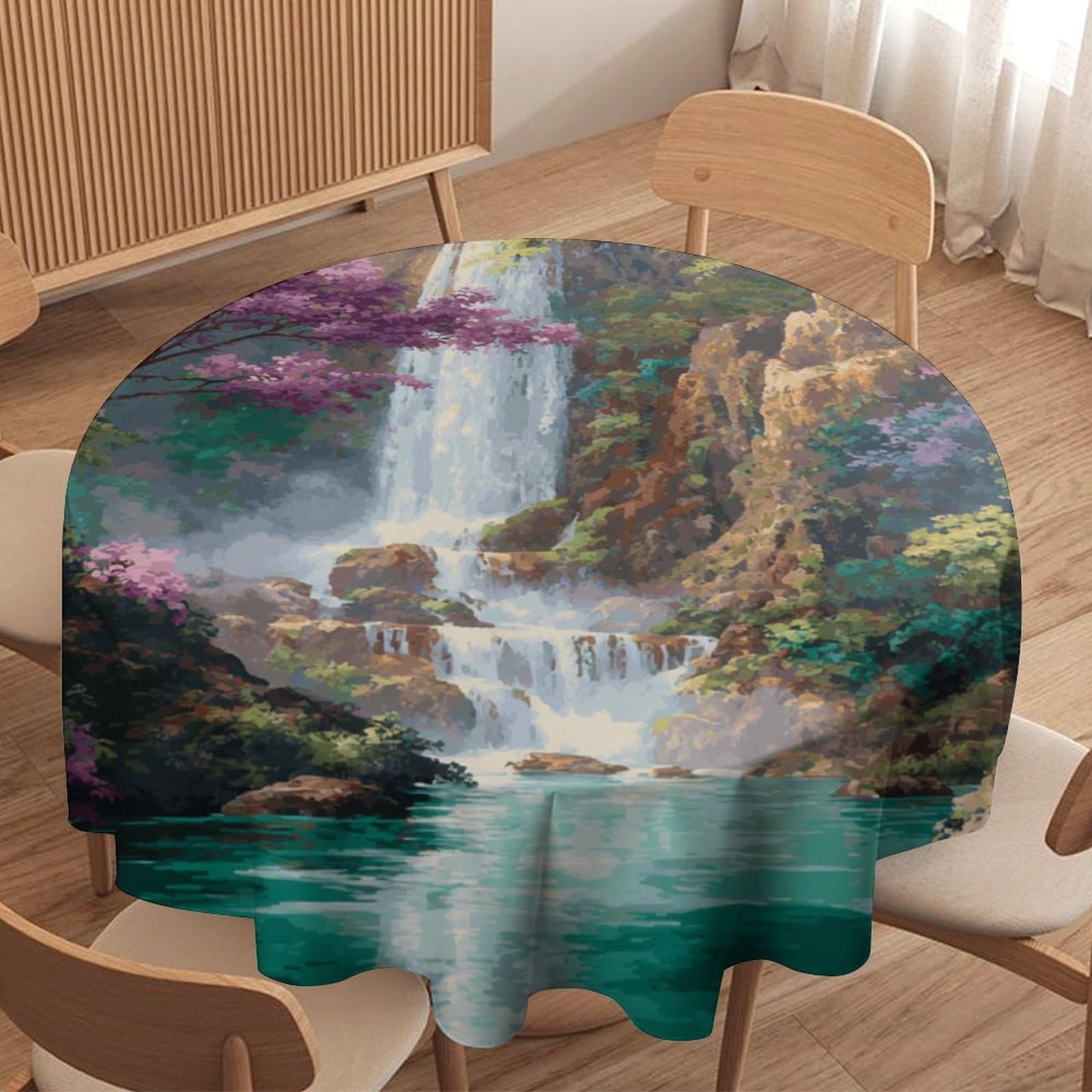 LUYYSKY Beautiful Abstract Spring Waterfall Round Tablecloth Fantasy Modern Natural Japanese Cherry Blossom Floral Pattern Washable Decor for Table Cover for Kitchen-91.4" Wx91.4 L cm