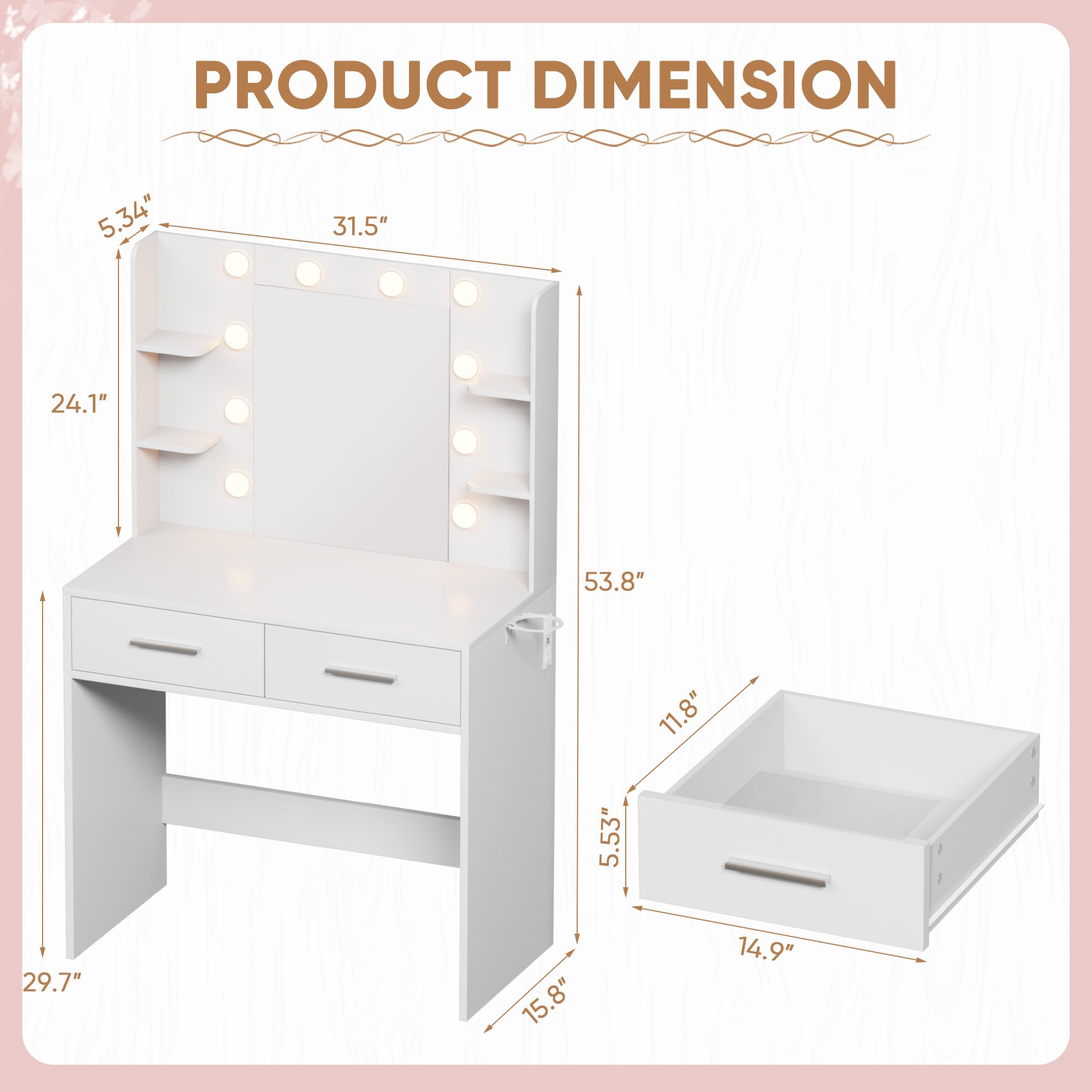 YESHOMY Vanity Desk product dimensions diagram