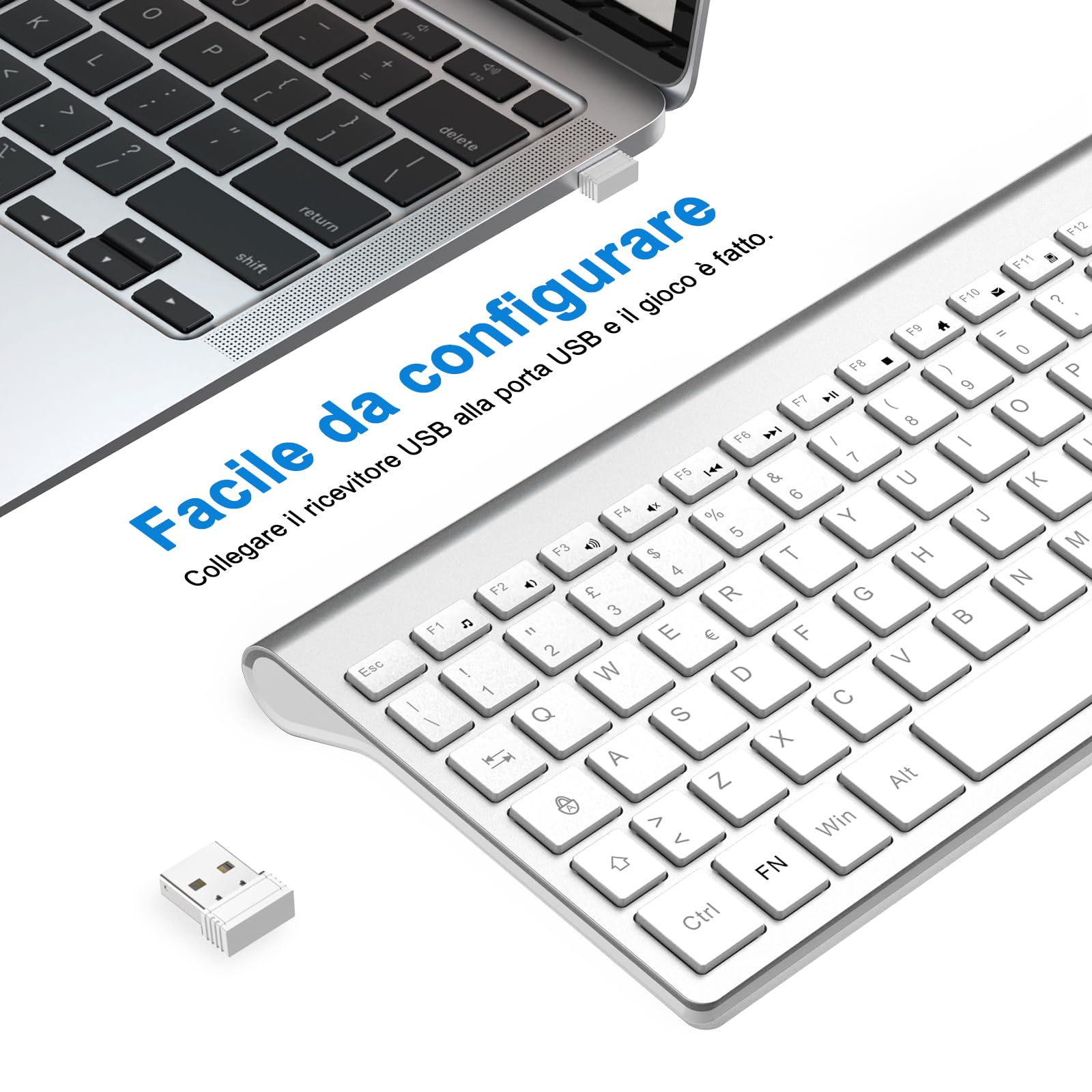 cimetech Tastiera wireless, Layout Italiano QWERTY, 2.4G tastiera USB per computer con tastierino numerico e tasti ergonomici per computer, PC, laptop, tablet, desktop, Android Smart TV (argento)