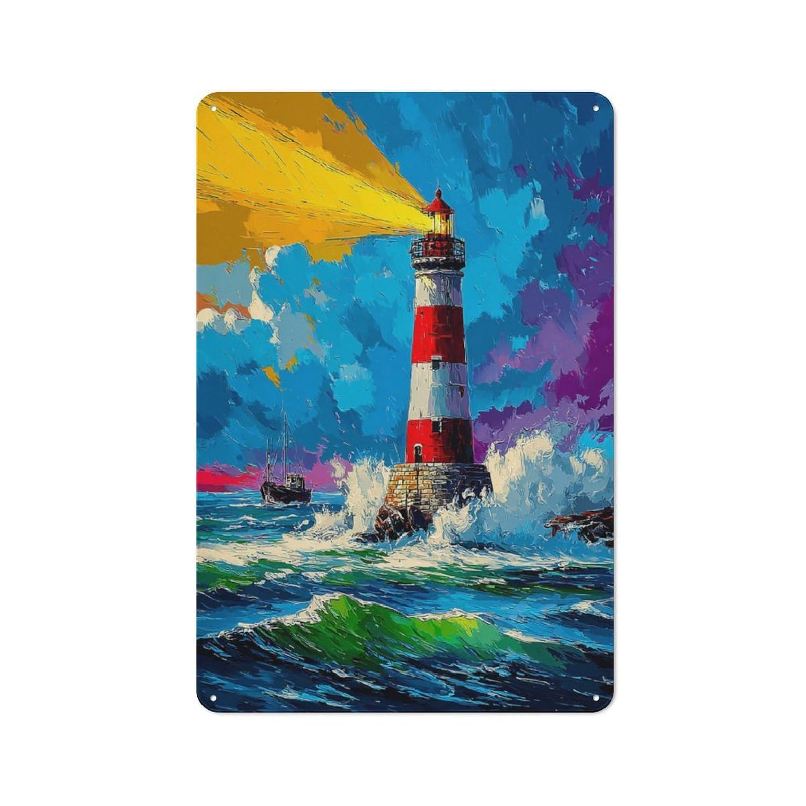 Junmoney Ocean Lighthouse Stormy Scene Rustic Metal Sign 30X20cm For Hobby Room Or Studio, Suited To Hobby Room Decor Fans