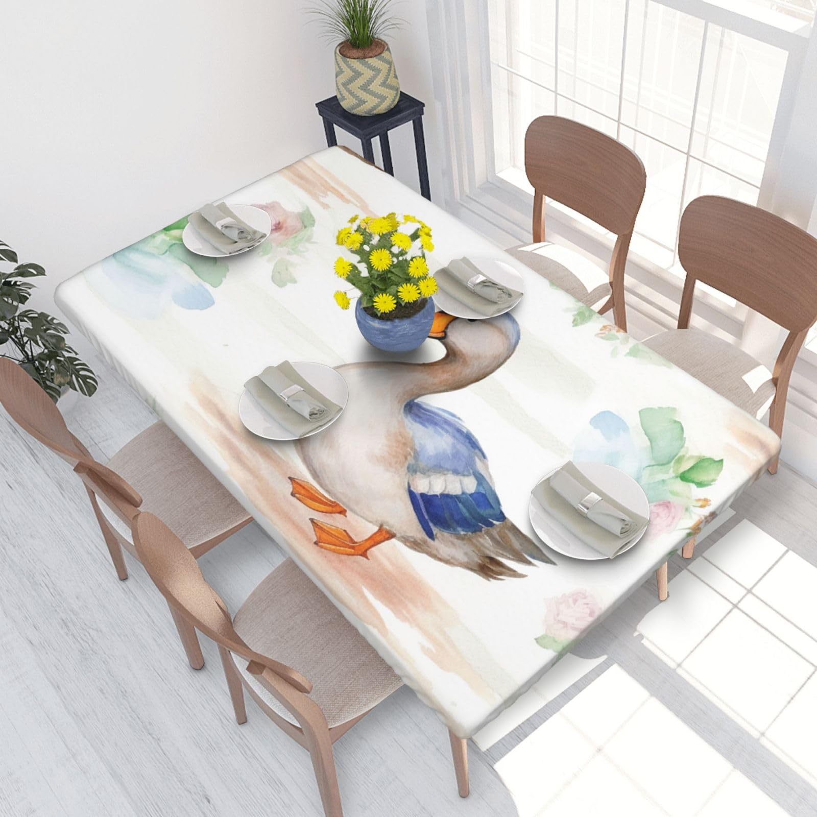 Watercolor Duck Waterproof Square Table Cover Elastic Fitted Tablecloth Oil Proof Table Protector For 4ft Table