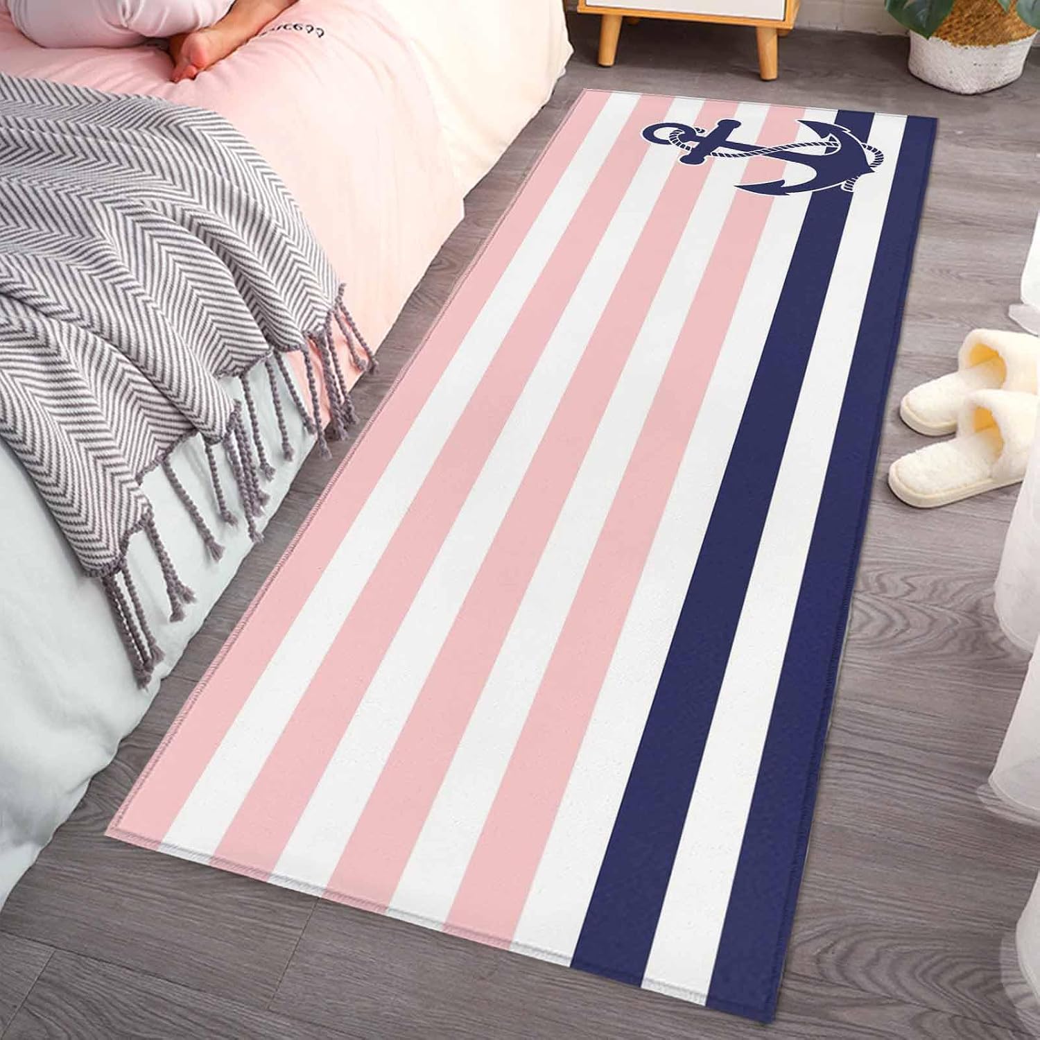 Teamery Kitchen Mats for Floor Nautical Navy Blue Anchor Stripe Washable Non Slip Kitchen Rugs 1PCS, Watercolor Pink Stripes Absorbent Standing Mats for Sink Bathroom Office Living Room 15.7x47.2in