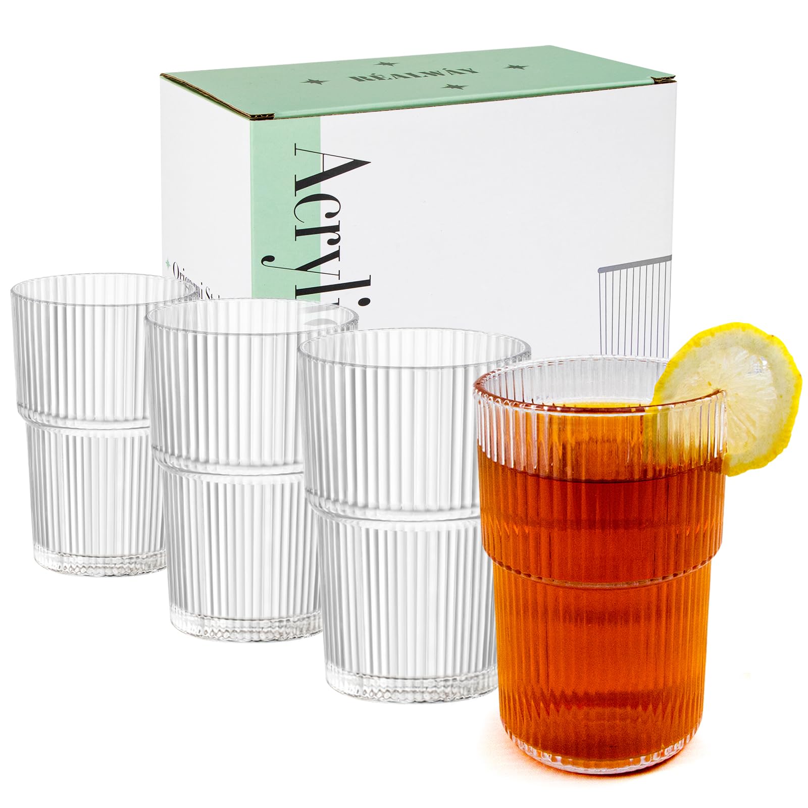 R LW Y 17oz Ribbed Acrylic Drinking Glasses Unbreakable Plastic Tumblers Dishwasher Safe Clear Stackable Cups for Kitchen