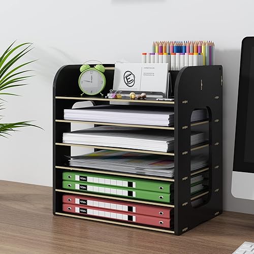 Miniatura 5 de Feejee Bandeja organizadora de papel de 6 niveles soporte de carpeta de archivo de escritorio con 4 soportes para bolígrafos y 1 funda de caja de