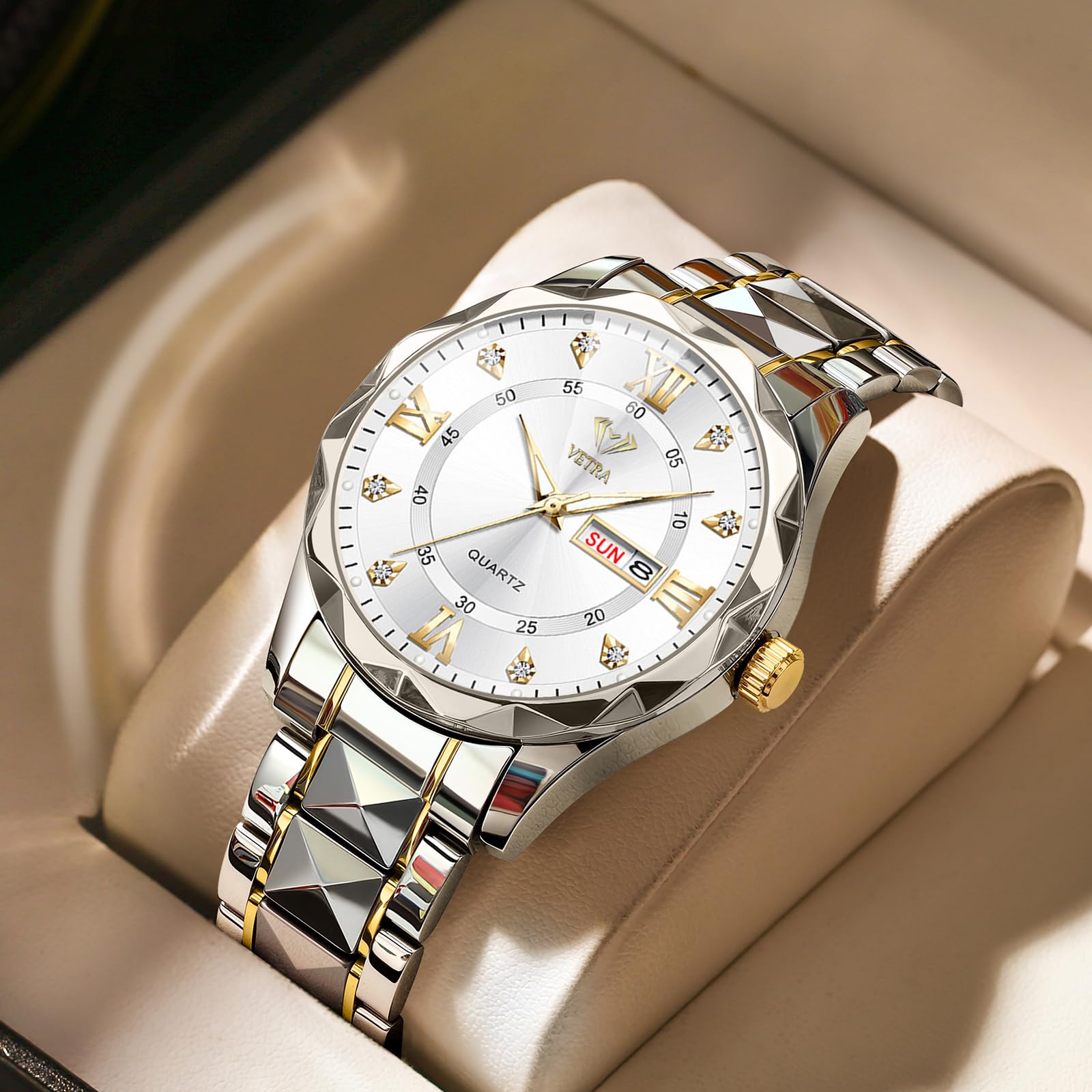 Vetra Herren-Armbanduhr, luxuriös, klassisch, mit Diamanten, modisches Edelstahlband, wasserdicht, leuchtend, Tag und Datum, modisch, minimalistisch, Geschenk für Männer