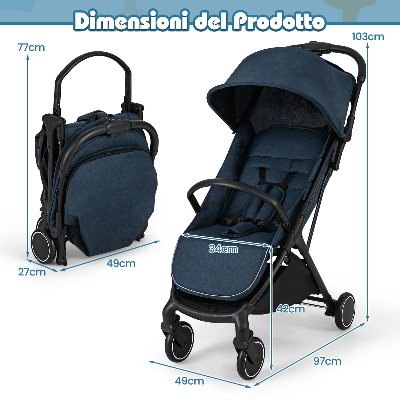 RELAX4LIFE Passeggino Leggero, per Bambini 0-3 Anni, Pieghevole, con Tettuccio Apribile, Ruota Universale con Freno, Cintura di Sicurezza, Cestino Portaoggetti, Portata di 15 kg (Blu)