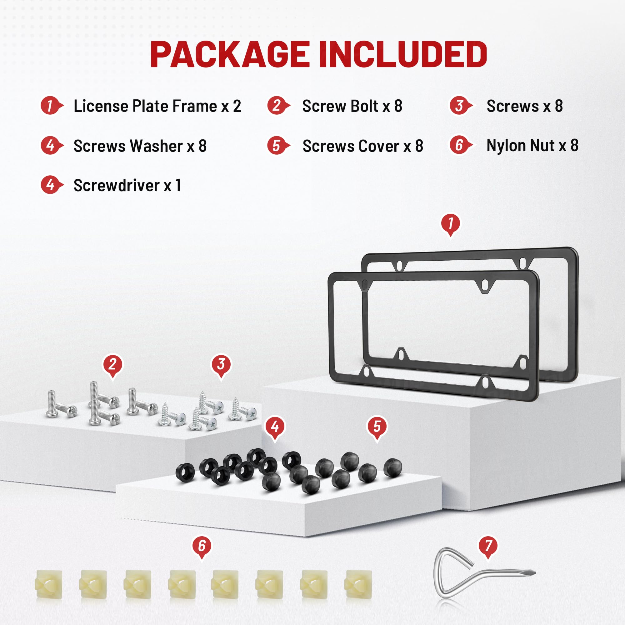 RED WOLF 2 License Plate Frames Matte Black Stainless Steel Metal License Plate Cover Tags 4 Holes Mount on Front Rear Bumper, with Screw Accessories Foam Pad Nylon Insert Nut, 1 Pair