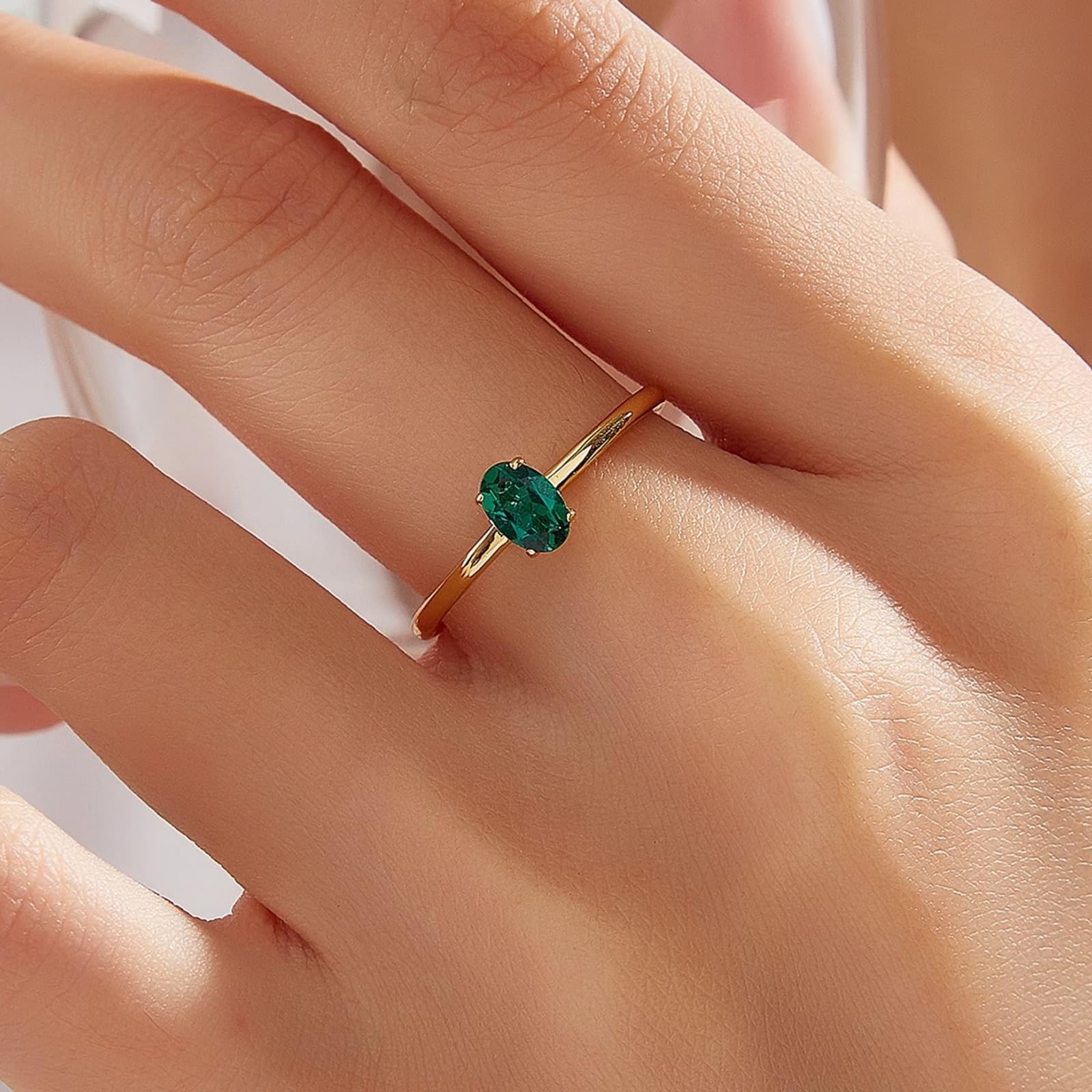 KnSam Echt Goldschmuck 9K/14K/18K Gelbgold Verlobungsring, Labor Erstellt Smaragd Trauringe Dünn, Ring 18/14/ 9 Karat Gold, Gr.47-70