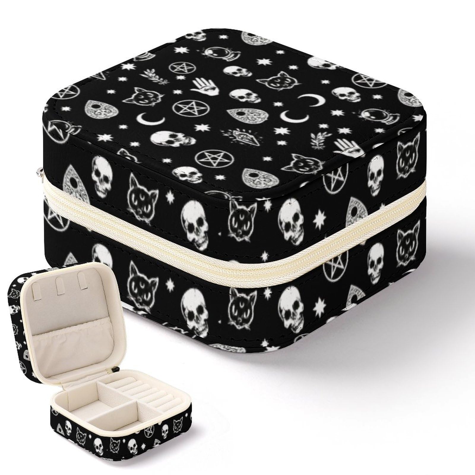 Skull Cat Moon Gothic Small Jewelry Box,Portable Travel Jewelry Case, for Women And Girls Earring Rings Necklace Bracelets Accessories