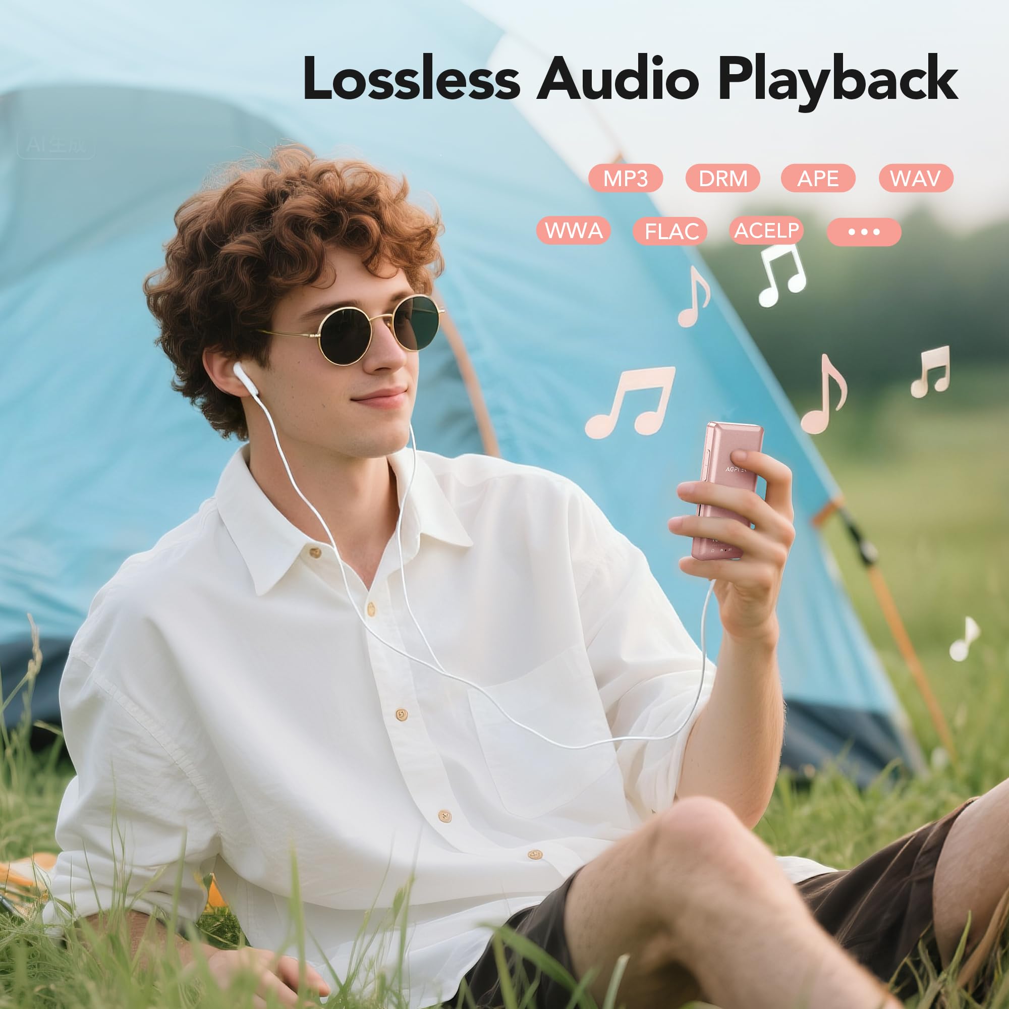 AGPTEK A02PL Reproductor MP3, 70 Horas de reproducción, Reproductor de música con Sonido sin pérdidas, admite hasta 128 GB (Oro Rosa, 64GB)