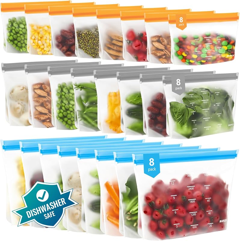 Dishwasher Safe Reusable Storage Bags Stand Up - BPA Free Reusable Sandwich Bags - Leakproof Gallon Freezer Bags for Marinate Meats, Salad Fruit - Multicolor 8 Large+ 8 Sandwich + 8 Snack Bags