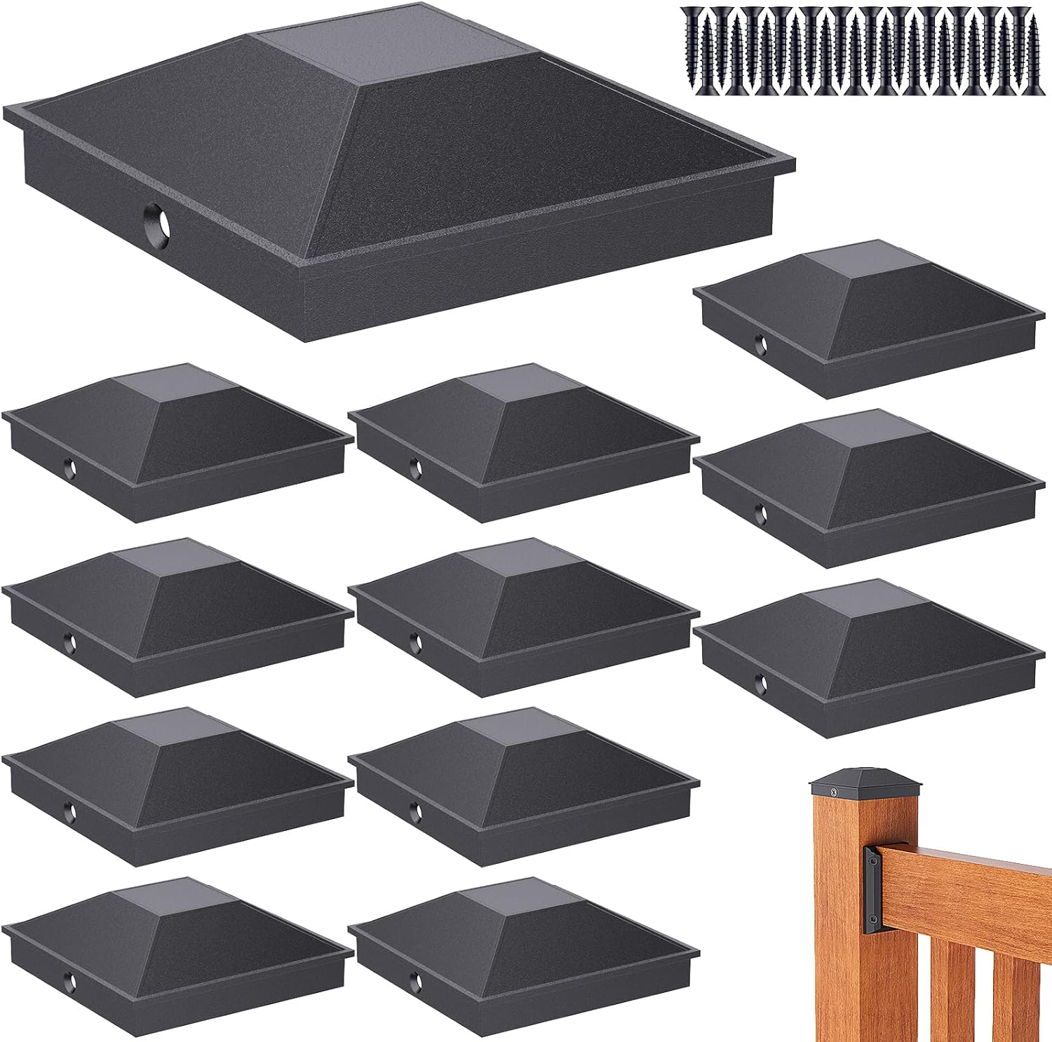 Goovilla 4x4 Post Caps Black(Actual 3.5" x 3.5"), 12 Pack Aluminum Metal Fence Post Caps with 24 Screws and Easy Installation, Waterproof Deck Post Caps with Fade-Resistant Coating, Protect Wood Post
